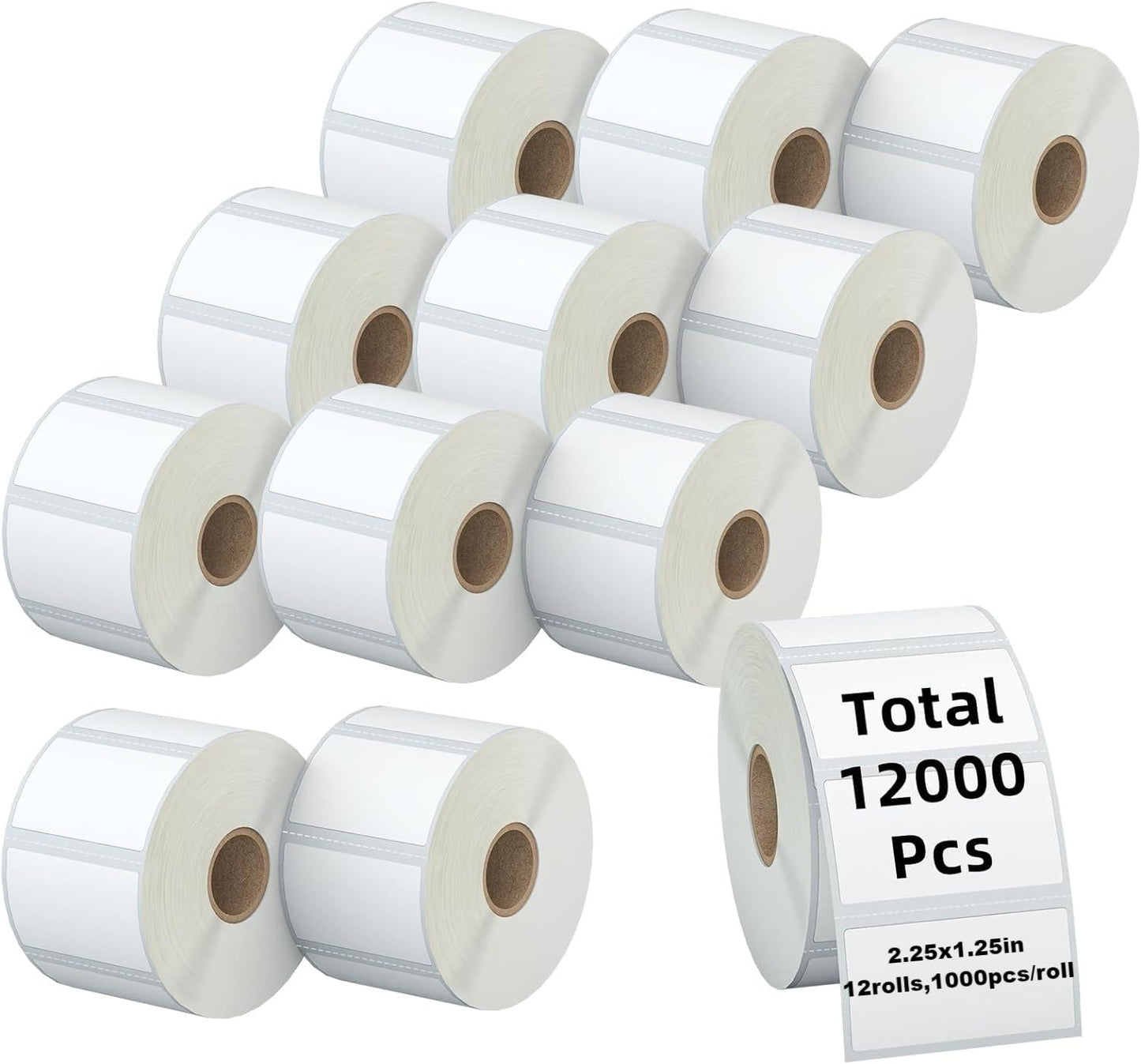 KingTac 3-Proof 1" Core(12,000 Labels) 2.25" X 1.25” Direct Thermal Labels - 12 Rolls,1000/Roll, Perforated Stickers for Barcode Address, Compatible with Zebra & Rollo & MUNBYN Desktop Printer