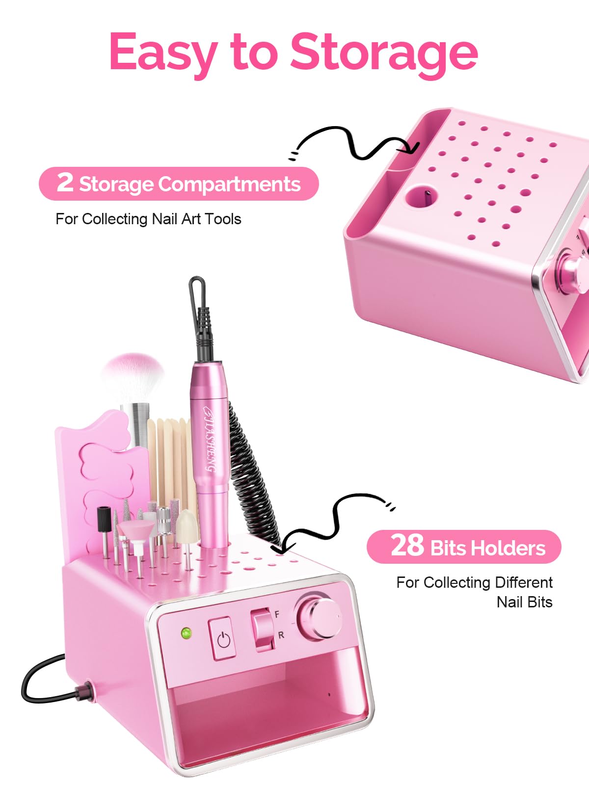 20000RPM Electric Nail Drill Portable Nail File Drill Set for Acrylic Gel Nails, Professional Nail Drill Machine for Nail Polish Remover with the Function of Storing Manicure Accessories，Purple
