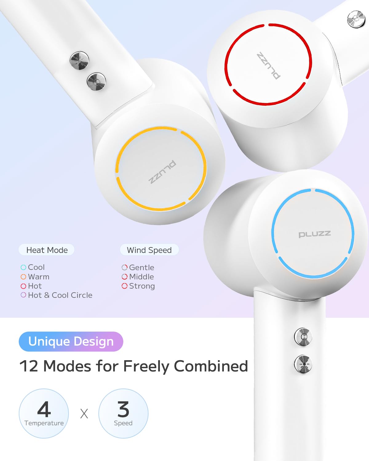 PLUZZ Hair Dryers for Women, High-Speed Blow Dryer for Fast Drying 110,000RPM Brushless Motor, Small Portable Professional Ionic Hair Dryers with Low Noise for Home or Traveling, Classic White, 1600W