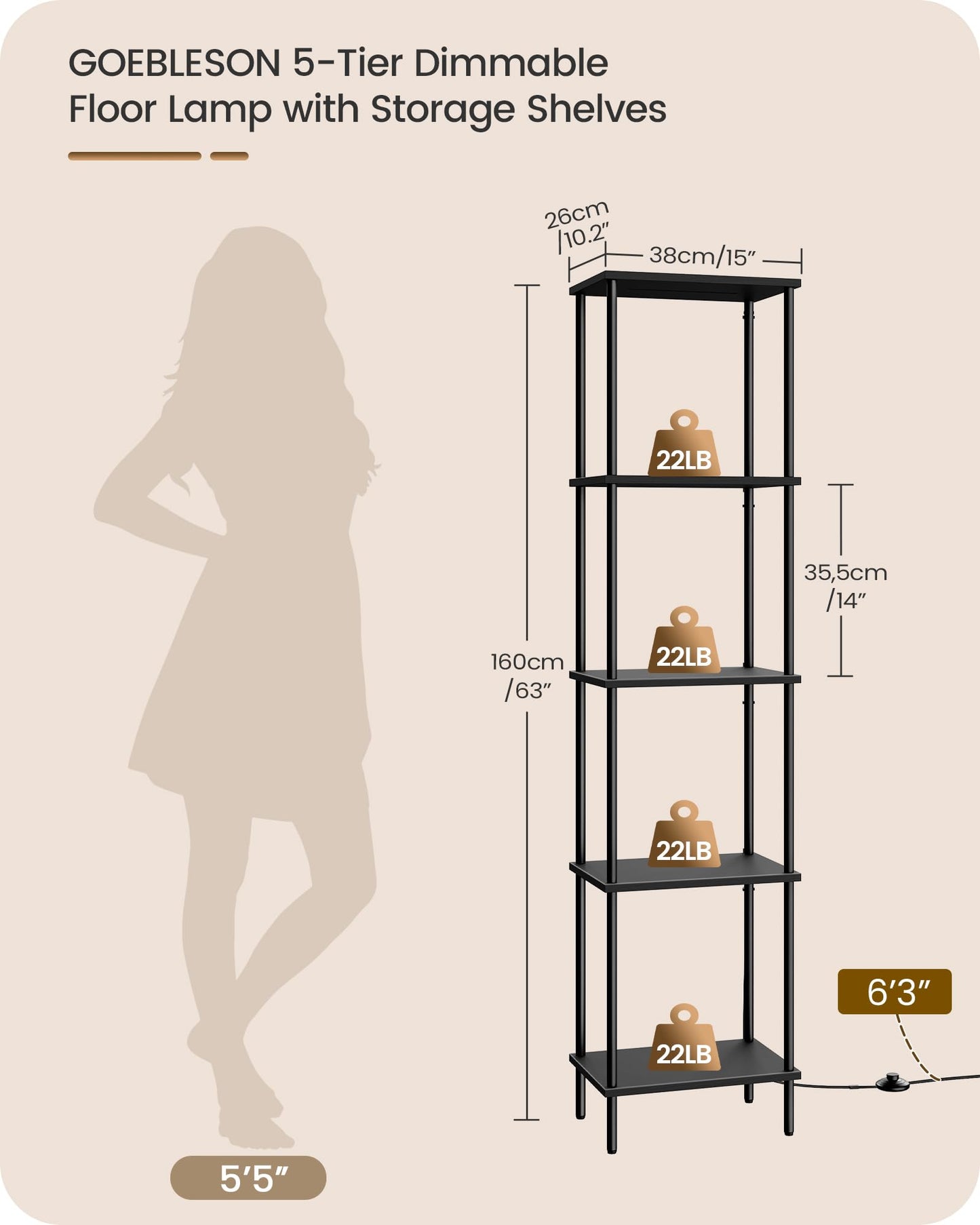 Display Shelf with Light, 5-Tier Shelf Lamp, Corner Floor Lamp with Shelves, Dimmable LED Floor Lamp for Living Room with Remote and Foot Control, 3CCT, Timer, Standing Lamp, Corner Bookshelf B52LD05