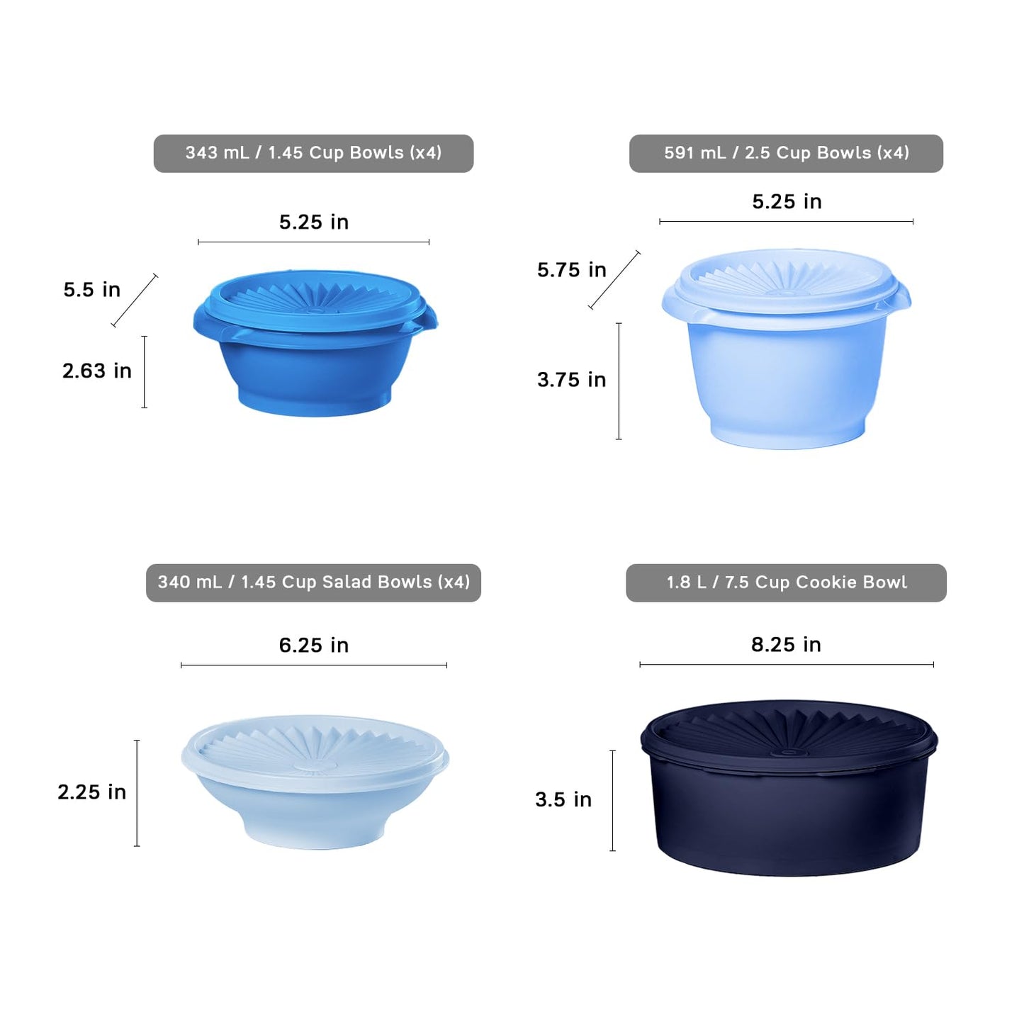 Tupperware Heritage Collection, New 10 Piece Food Storage Container Set in Vintage Blue, Dishwasher Safe and BPA Free (5 Bowls, 5 Lids)