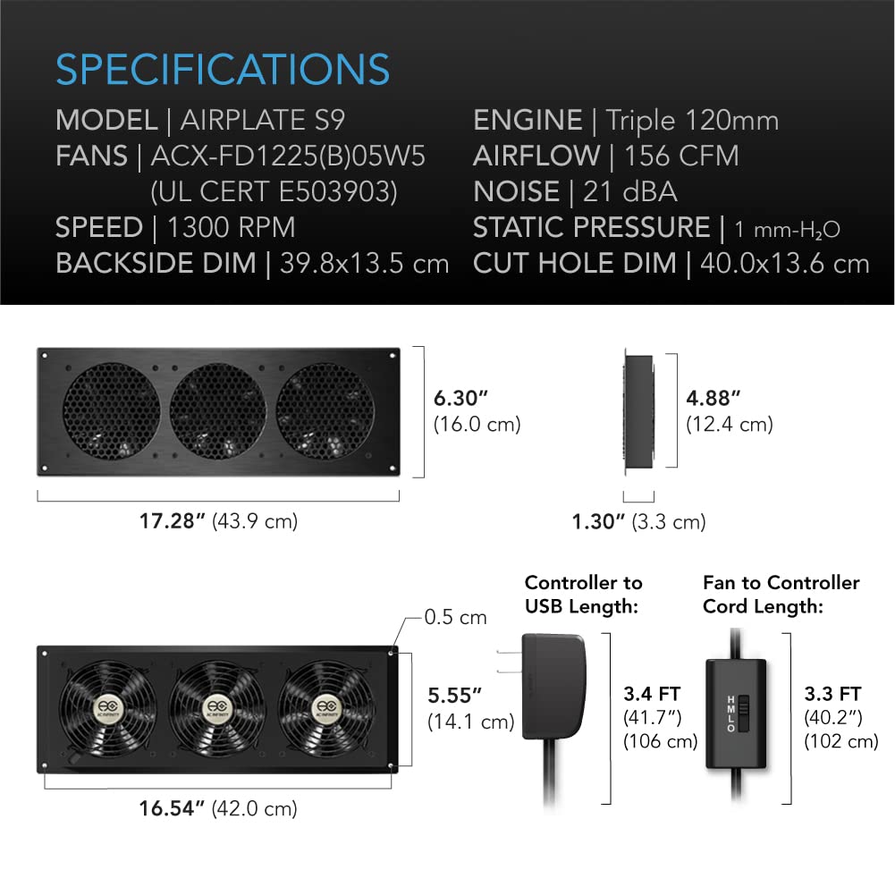 AC Infinity AIRPLATE S9, Quiet Cooling Fan System 18" with Speed Control, for Home Theater AV Cabinet Cooling