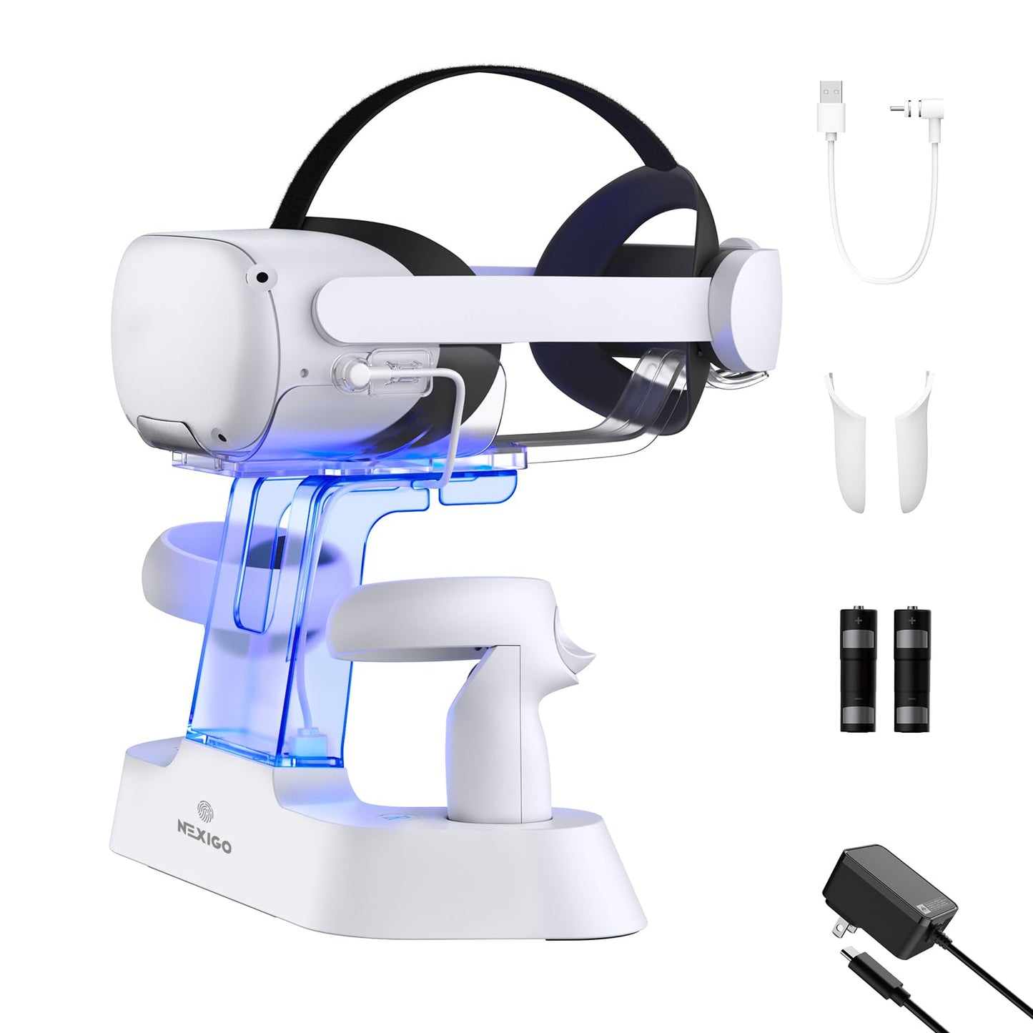 NexiGo Enhanced Charging Dock with LED Light [On/Off] for Oculus Quest 2, [Support Elite Strap with Battery], Headset Display Holder and Controller Mount, 2 Rechargeable Batteries, USB-C Charger