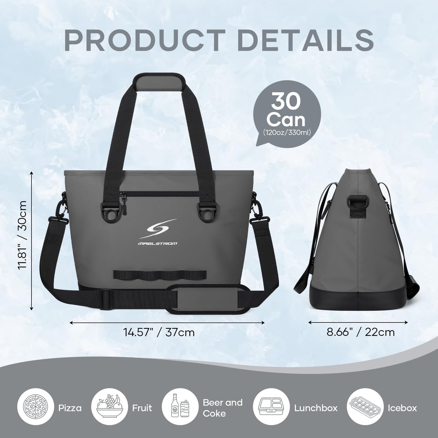 Maelstrom Insulated Cooler Bag,30 Can Collapsible Coolers for Men and Women,Large Leakproof &Waterproof Soft Cooler Makes a Perfect Insulated Grocery,Travel,Beach or Picnic Bags (Gray)