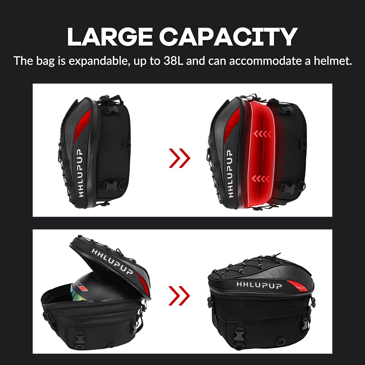 HHLUPUP 38L Motorcycle Tail Bag Seat Helmet Large Capacity Motorcycle Backpack Waterproof Luggage Bag Red