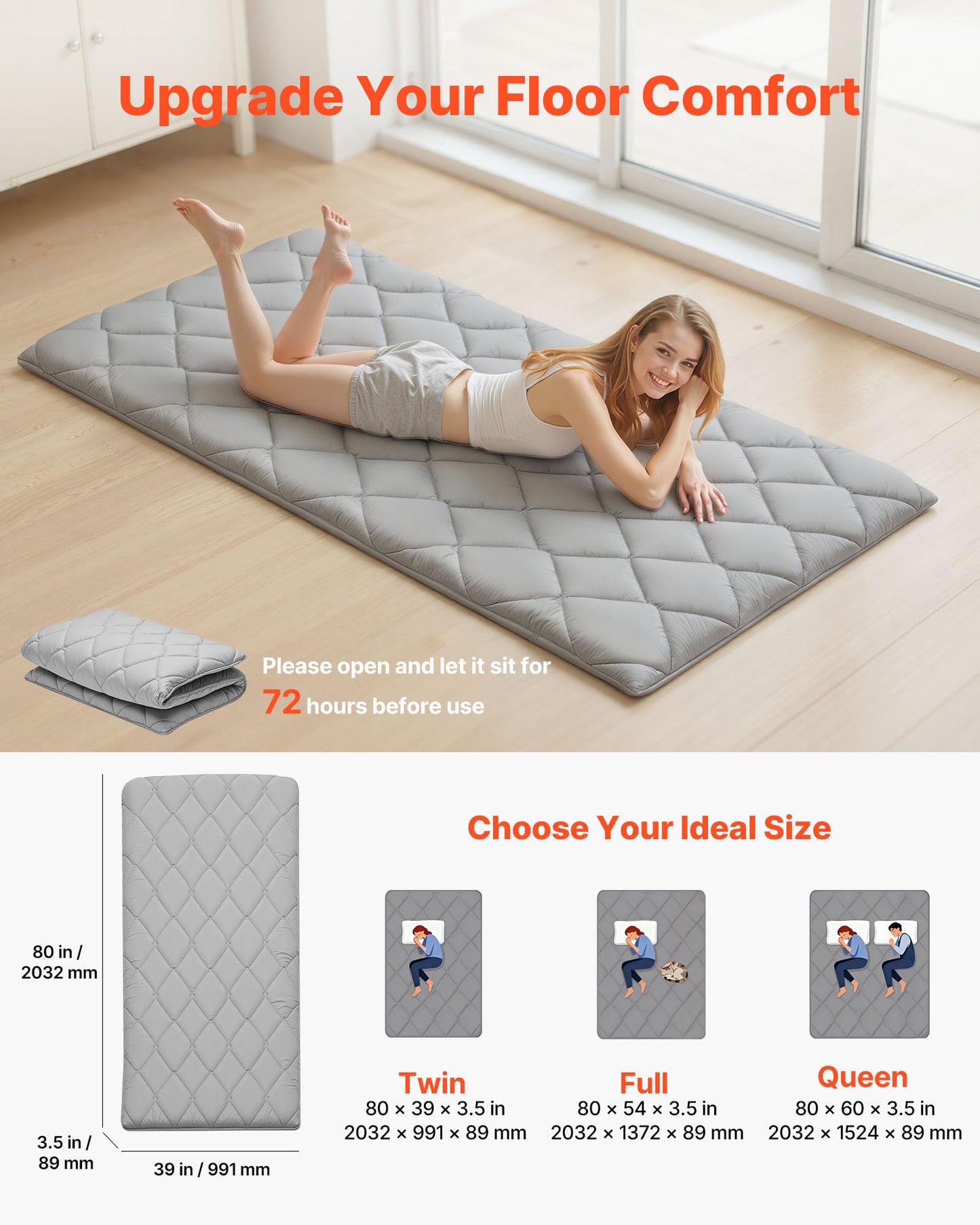 VEVOR Japanese Floor Mattress Twin, 3.5" Thick Futon Mattress, 100% High Density Comfortable Foam, Foldable Tatami Mat with Storage Bag, Sleeping Pad for Camping Dormitory Yoga, Gray
