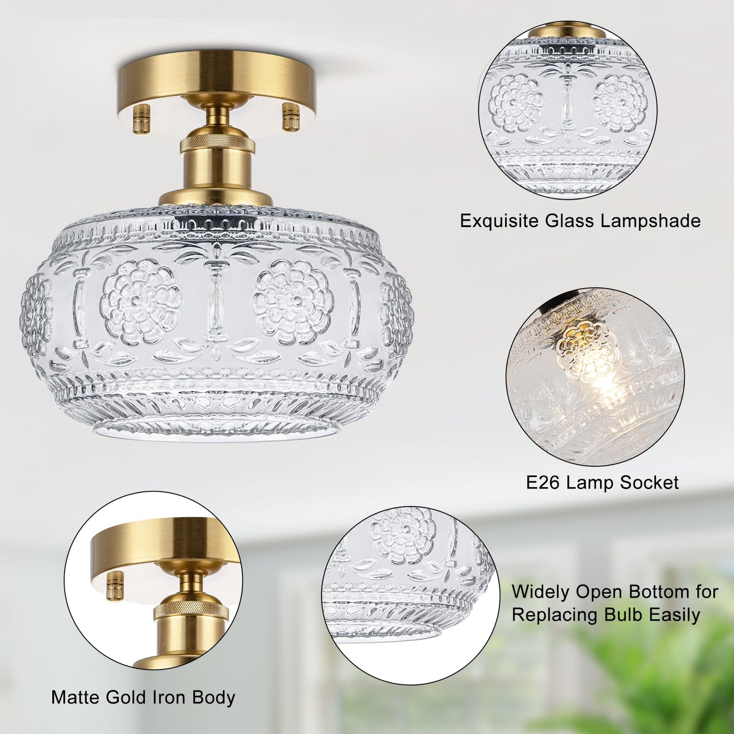 Tbaoinla Semi Flush Mount Ceiling Light Fixture - Brass & Floral Glass Shade, Vintage Modern Lighting for Entryway, Bathroom, Kitchen, Bedroom (Bulb Not Included)