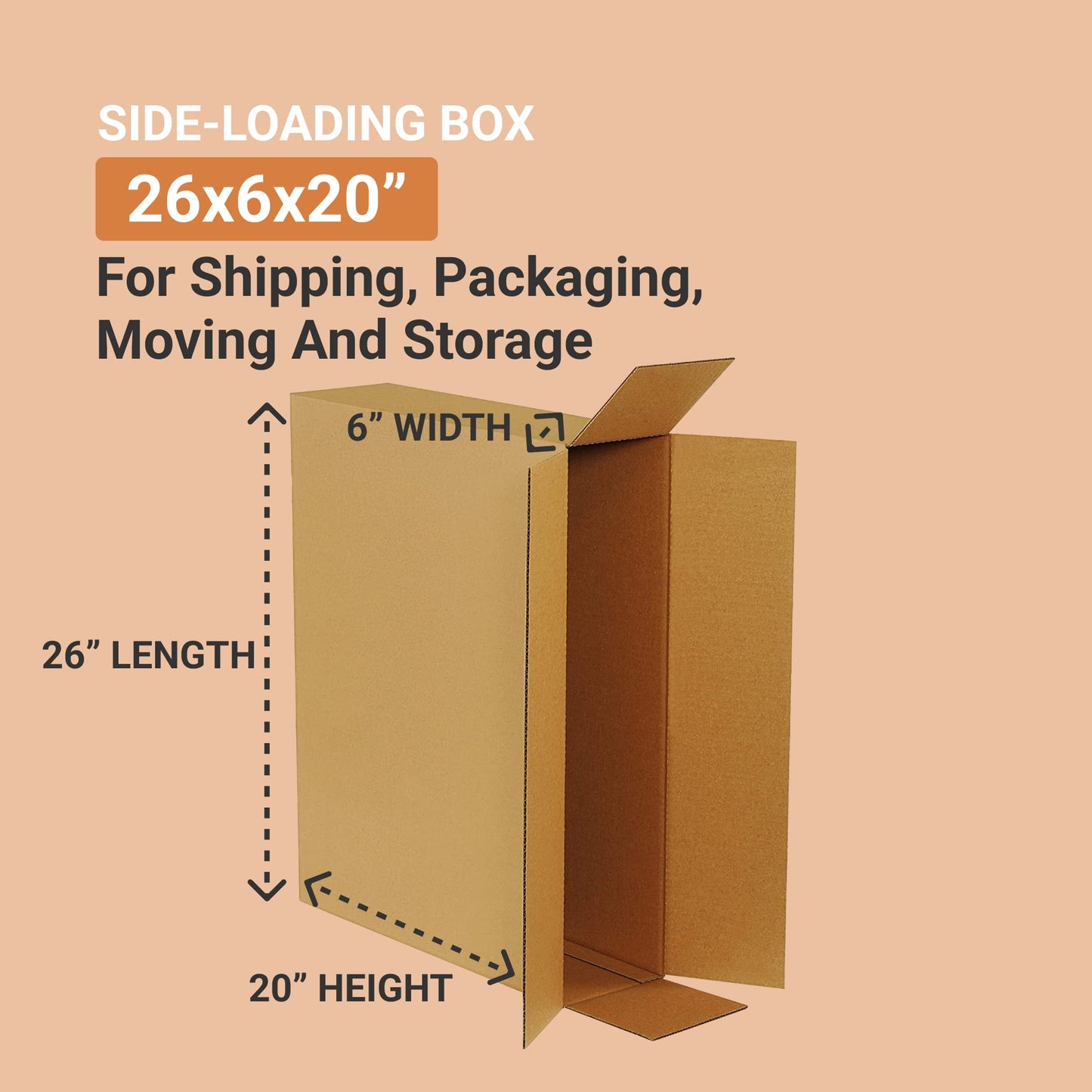 BOX USA Side Loading Shipping Boxes Large 26"L x 6"W x 20"H 10-Pack - Corrugated Cardboard Box for Moving, Mailing, Packing, Packaging and Storage