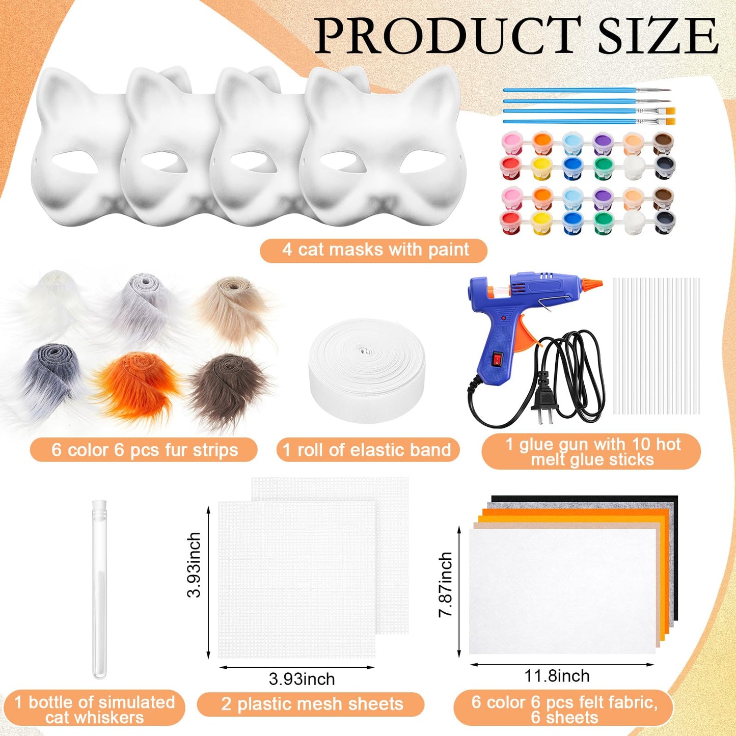 Seenelling 33 Pcs Therian DIY Mask Kit for Beginners Including Blank Cat Mask Faux Fur Fabric Felt Fabric Plastic Mesh Sheet(Warm Colors)