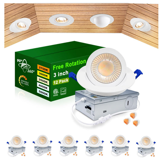 zouzai 5CCT LED Gimbal Led Recessed Light with Junction Box, 360°+90° Adjustable Directional Eyeball Lighting, Dimmable, 2700K/3000K/3500K/4000K/5000K,ETL&Energy Star (White 6 Pack, 3 inch)