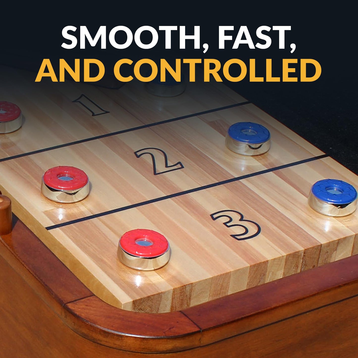 Hathaway Shuffleboard Pucks Set of 8 – Regulation Sized Shuffleboard Discs with Dimpled Top for Easy Grip & Beveled Edge for Better Control, & Sturdy Dark Cherry Wooden Case – Shuffleboard Accessories