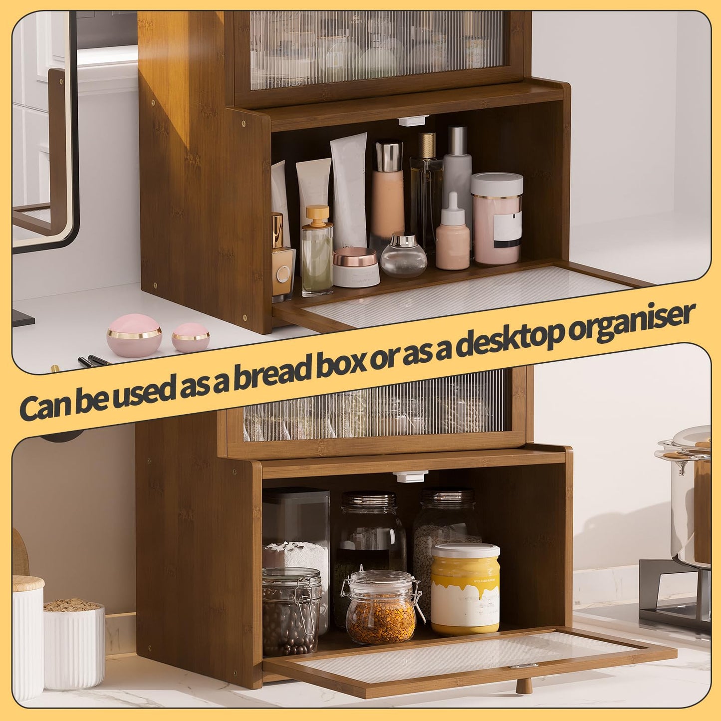Furshus Double Layer Bamboo Bread Box for Kitchen Counter,Bread Holder,Countertop Bread Storage with Window (Brown)