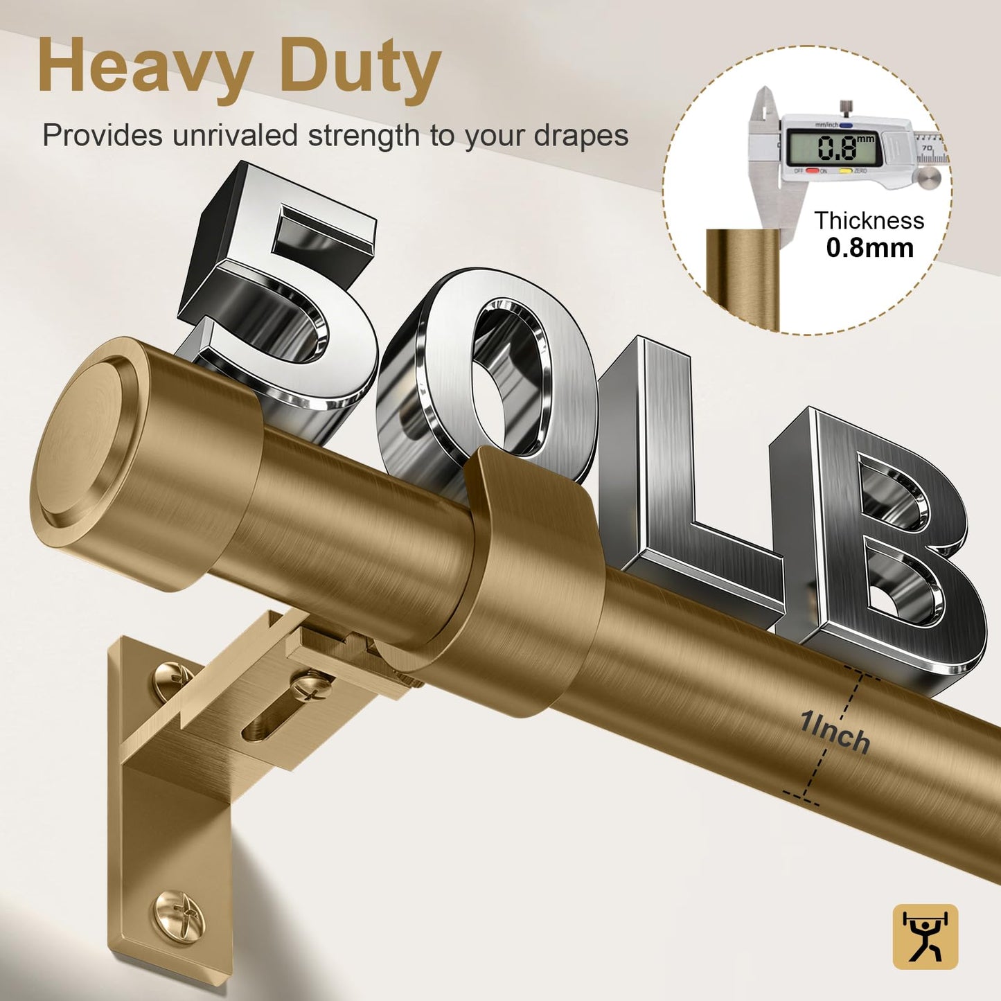 Warm Gold Brass Curtain Rod 36-144 Inches Adjustable, 1" Diameter Heavy Duty Window Rod with Solid Aluminum Finials & Heavy Duty Brackets for Bedroom Living Room Kitchen