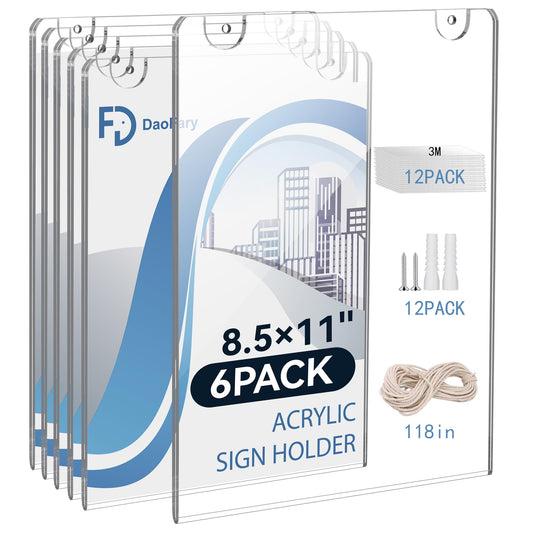 Daofary Acrylic Sign Holder 8.5 x 11 Wall Mount, 6 Pack Clear Acrylic Wall Picture Frame with Double-Side Tape, Document Paper Poster Display for Office, Store, Restaurant (Adhesive Tape, Screws & Hanging Rope Included)