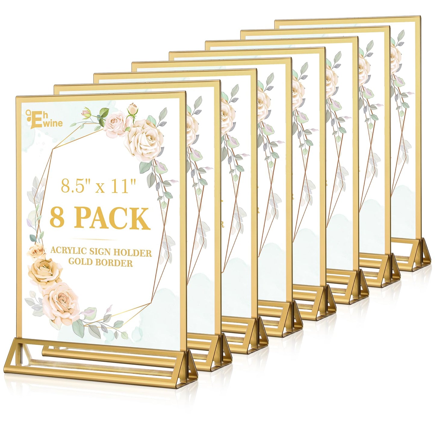 EHWINE 8 Pack Acrylic Sign Holder 8.5 x 11, Double Sided Gold Picture Frame Stand up Table Top Sign Holders, Clear Display Stand Menu Flyer Holder for Wedding Party (Provide Non-slip Mats)