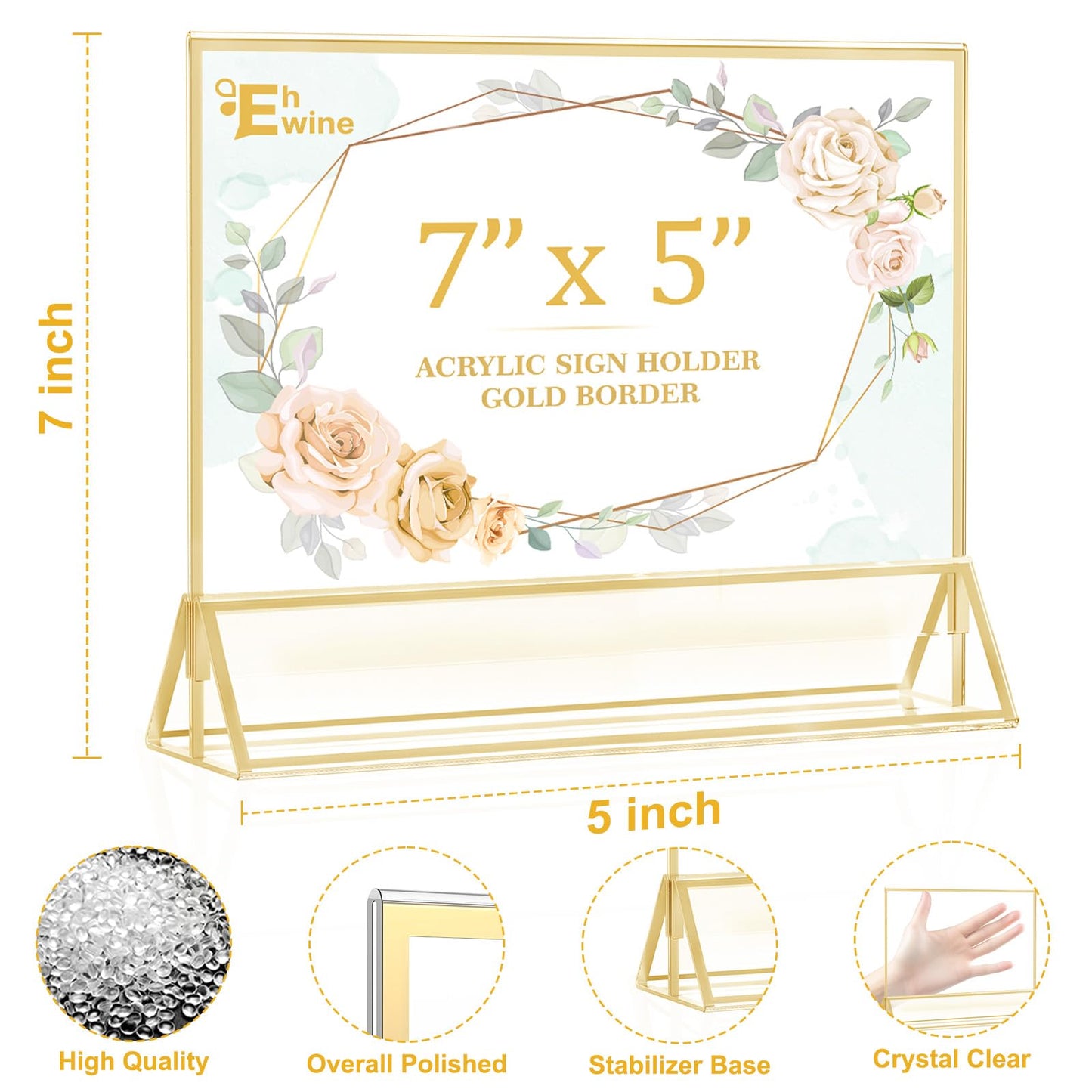 EHWINE 12 Pack Acrylic Sign Holder 5 x 7 Horizontal, Double-Sided Stand up Table Top Sign Holders, Gold Acrylic Picture Frame Menu Flyer Paper Holder Display Stand for Office Business Store Wedding Party