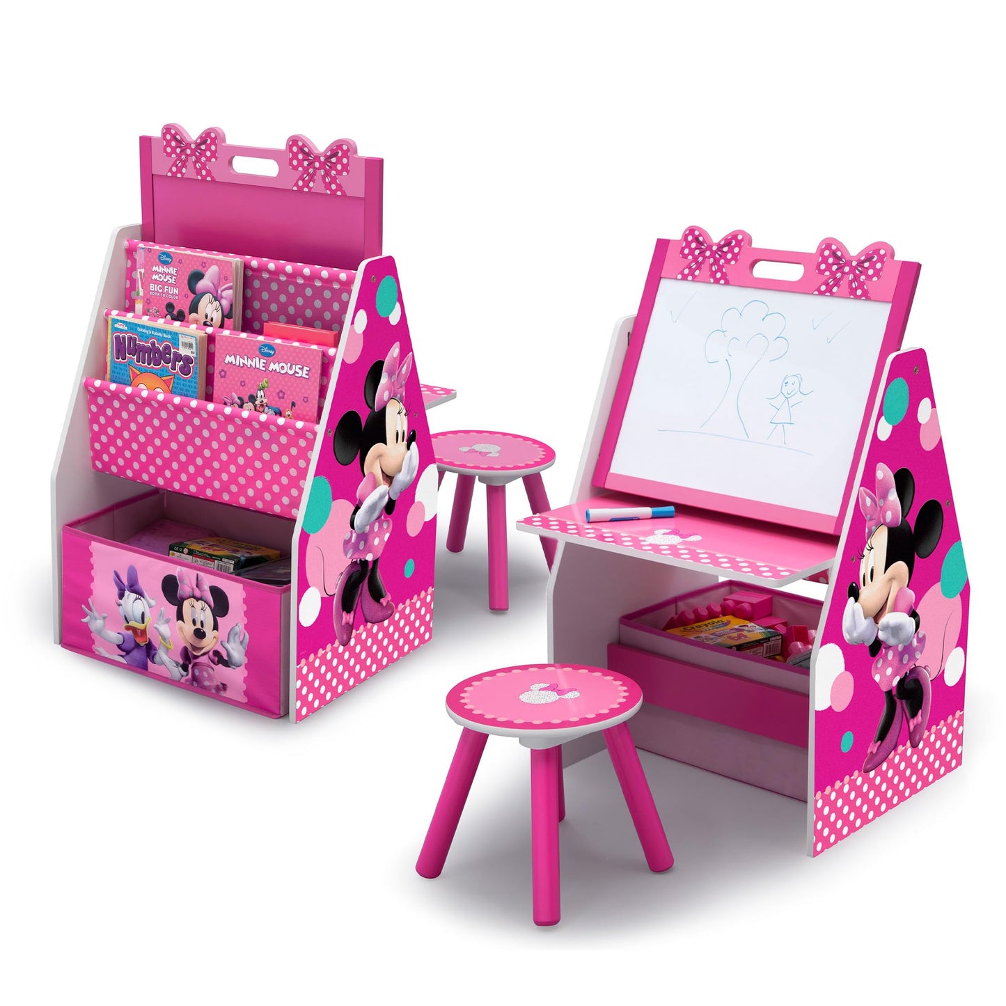 Delta Children Deluxe Kids Art Easel Desk Stool Toy Table Organizer, Disney Minnie Mouse
