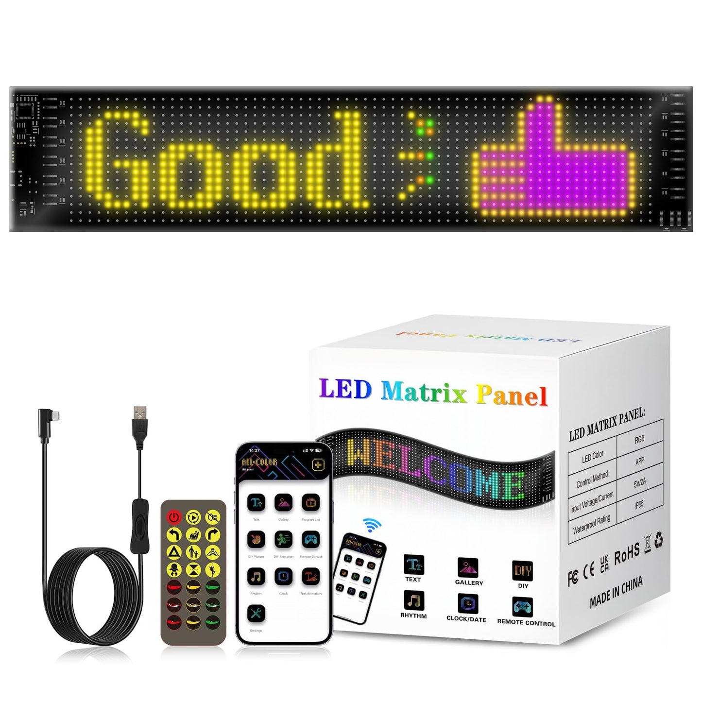 Programmable Scrolling Led Sign 15"x4" - 5V USB Operated Flexible Digital RGB Matrix Display Panel with Bluetooth App Control, Custom Text, Message Light Up Board for Car, Shop, Signage, Advertising