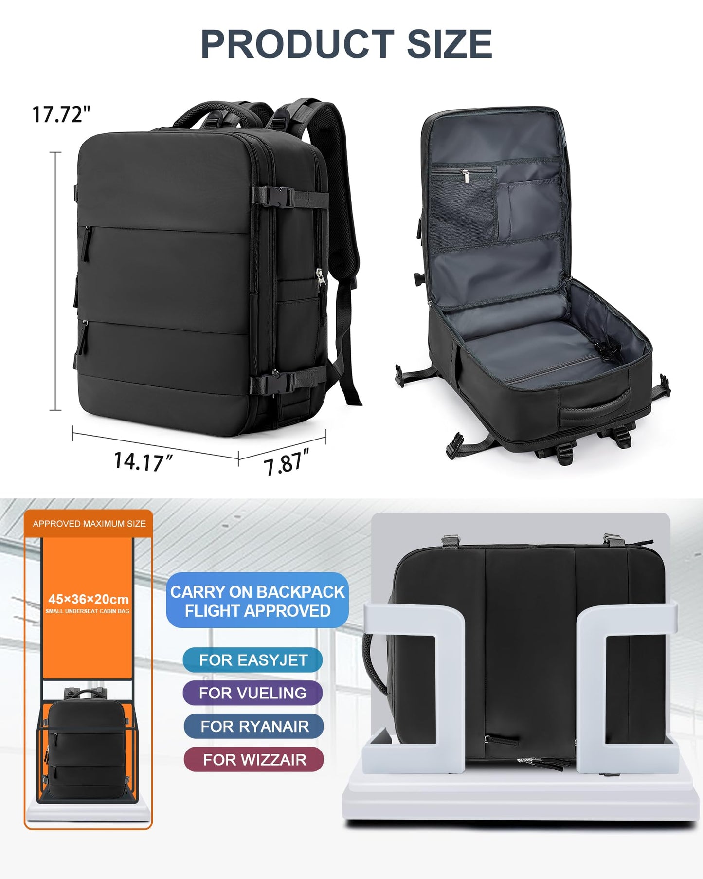 coowoz Large Travel Backpack Carry On for Women Man Black Waterproof Gym Backpack with Laptop Compartment Mochila de Viaje Teacher Personal Item Backpack Rucksack Airplane Accessories Must Haves