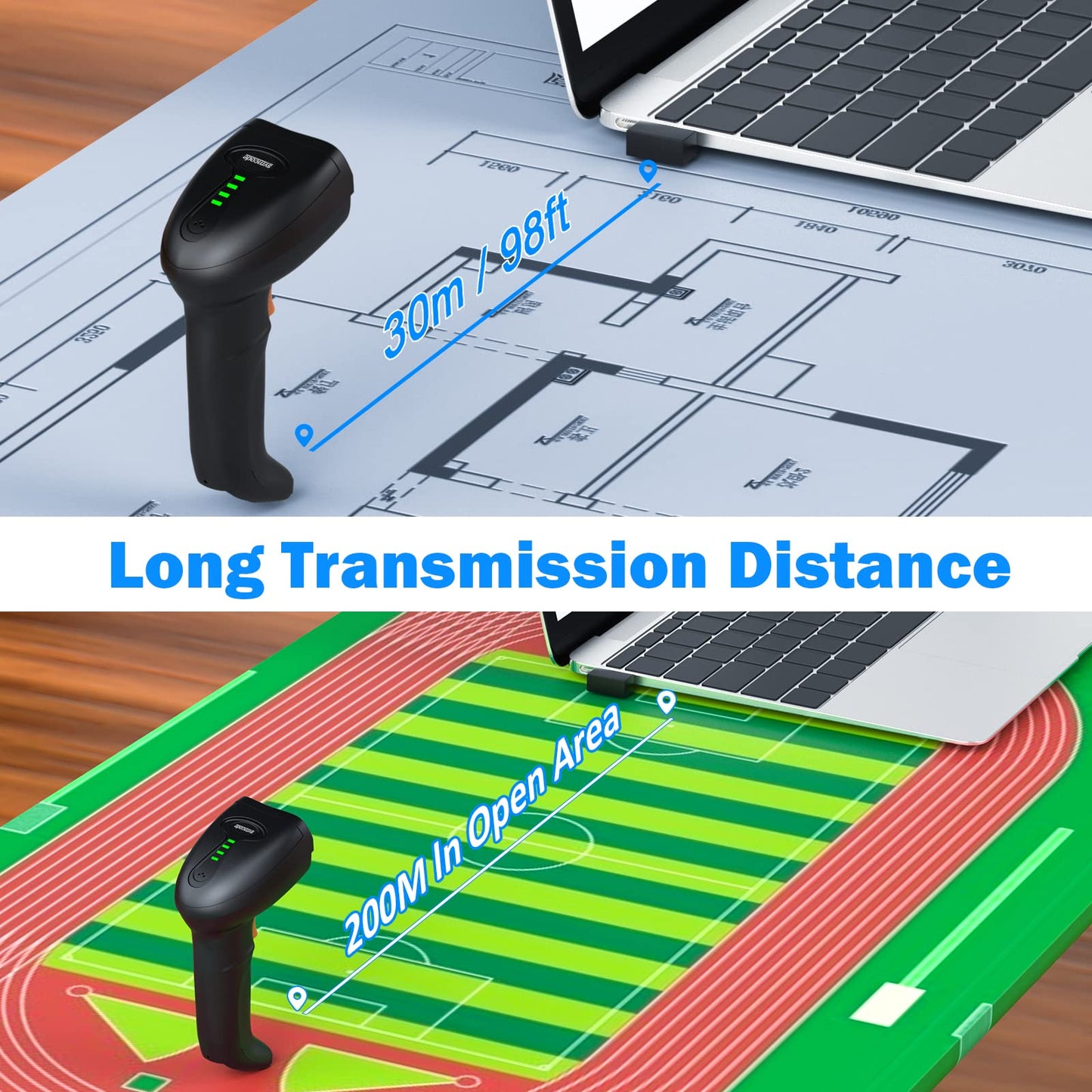 Symcode Bluetooth Wireless Barcode Scanner with Auto-Sensing Stand,Putting on Stand to Scan Automatically Sense Scanning 2D QR Bluetooth Barcode Scanner with Battery Level Indicator More-to-one Mode