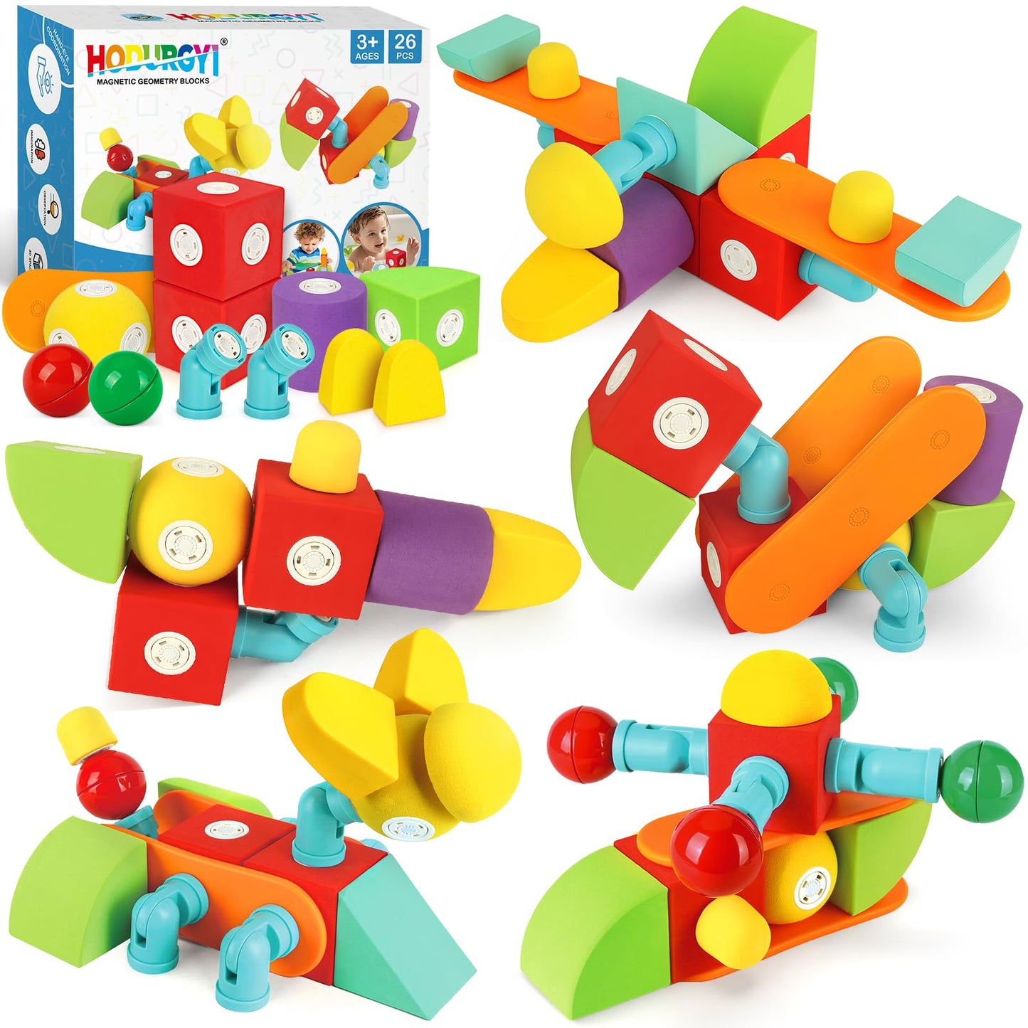 Hodurgyi 26 PCS Magnetic Foam Blocks for Kids, Large Magnetic Building Blocks for Toddlers 3+, Kids Bath Toys and Preschool STEM Educational Toys, Birthday for Boys & Girls 3 4 5 6+ Years Old