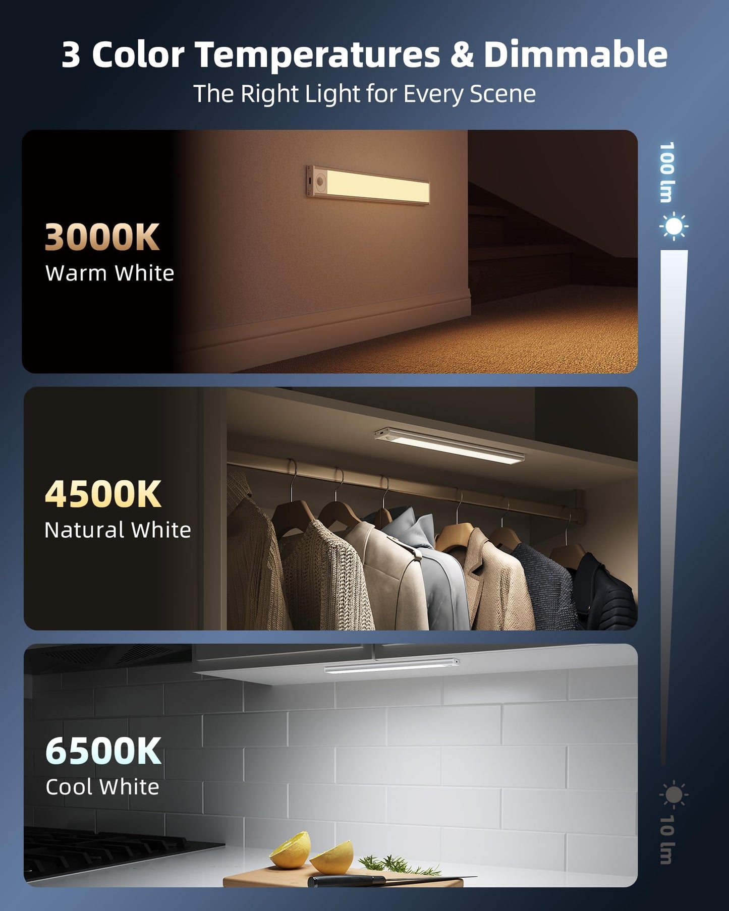 Under Cabinet Lighting, 12inch Rechargeable Motion Sensor Light Indoor, 2400mAh Battery Operated Closet Lights, with Dimmable & 3 Color Temps, Wireless Under Counter Lights for Kitchen,Stairs(6Pack) ﻿