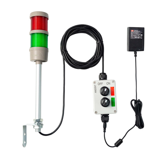 ANDONT 2 Stack Super Bright LED Andon Tower Lights with Buzzer, Red/Green, Off-ON or Flash,16 ft Extension Cord, 6 ft Industrial Adapter, IP53, 2.36" Diameter 15.6" Length, Plug Play Ready