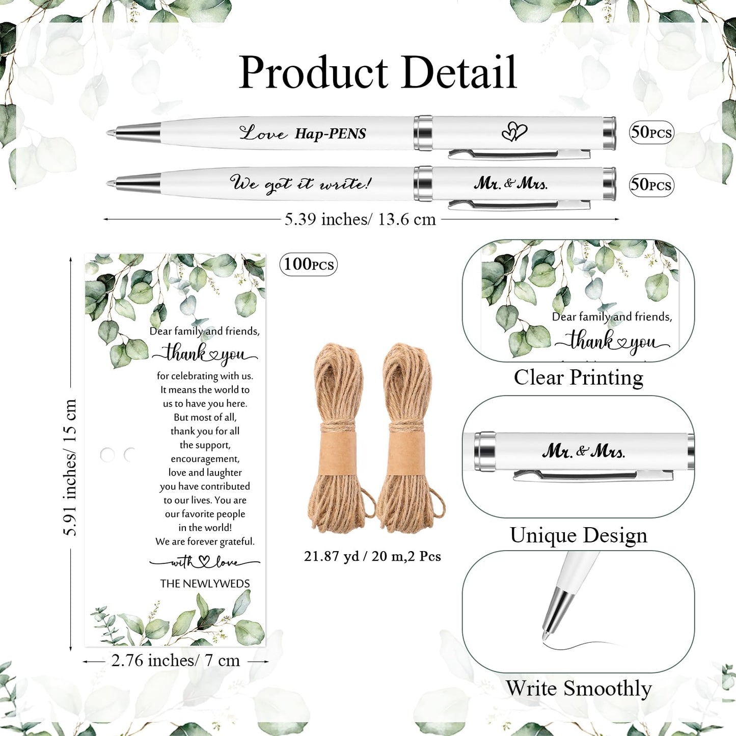 Affrolling 100 Sets Wedding Favors for Guests Bulk Retractable Ballpoint Pen Thank You Cards with Bridal Shower Gift for Guest Wedding Souvenirs Newlyweds Party Supplies (Leaf Style,Hemp Rope)