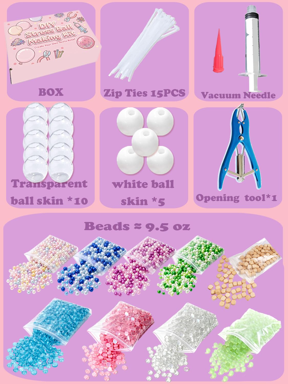 DIY Stress Ball Making Kit, Squishy Make Kit with 15 TPR Ball Skins, 9 Types of Fillers, Air Pump, Vacuum Tool, Plugs & Cable Ties, Make Your Own Squishies for ASMR Anxiety Relief Sensory Fidget Toys