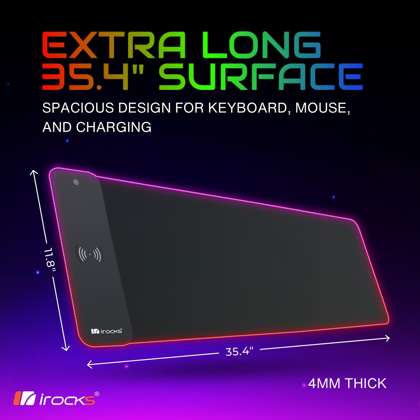 i-Rocks Extra Long RGB Gaming Mouse Pad, 10W Wireless Fast Charger, Natural Rubber Non-Slip Base, 35.4"x11.8" Desk Mat, Qi-Compatible for iPhone, Samsung, AirPods, 7 Colors & 3 RGB Effects