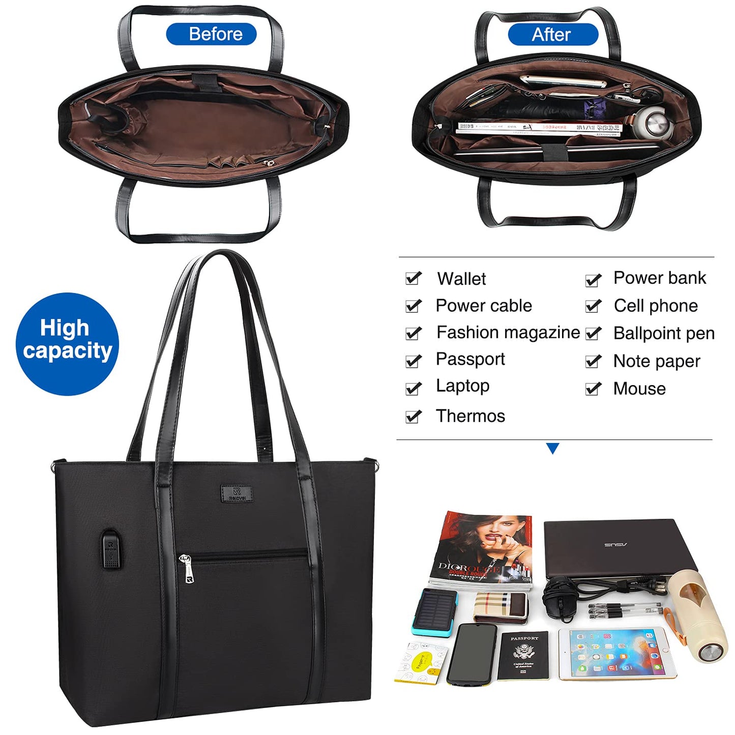 Laptop Tote Bag for Women 17.3 Inch Laptop Bag Large Teacher Tote Bag Waterproof Nylon Work Bag with USB Computer Tote Bag Large Laptop Bag for Women Handbag Satchel Shoulder Bag