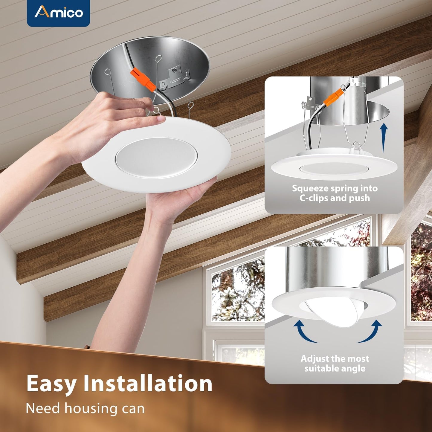 Amico 6 Pack 6 Inch Retrofit Eyeball Gimbal Can Lights, Adjustable Eyeball Directional 5CCT LED Recessed Lights, Dimmable, 2700K/3000K/3500K/4000K/5000K Selectable, 10W 950LM, ETL&FCC