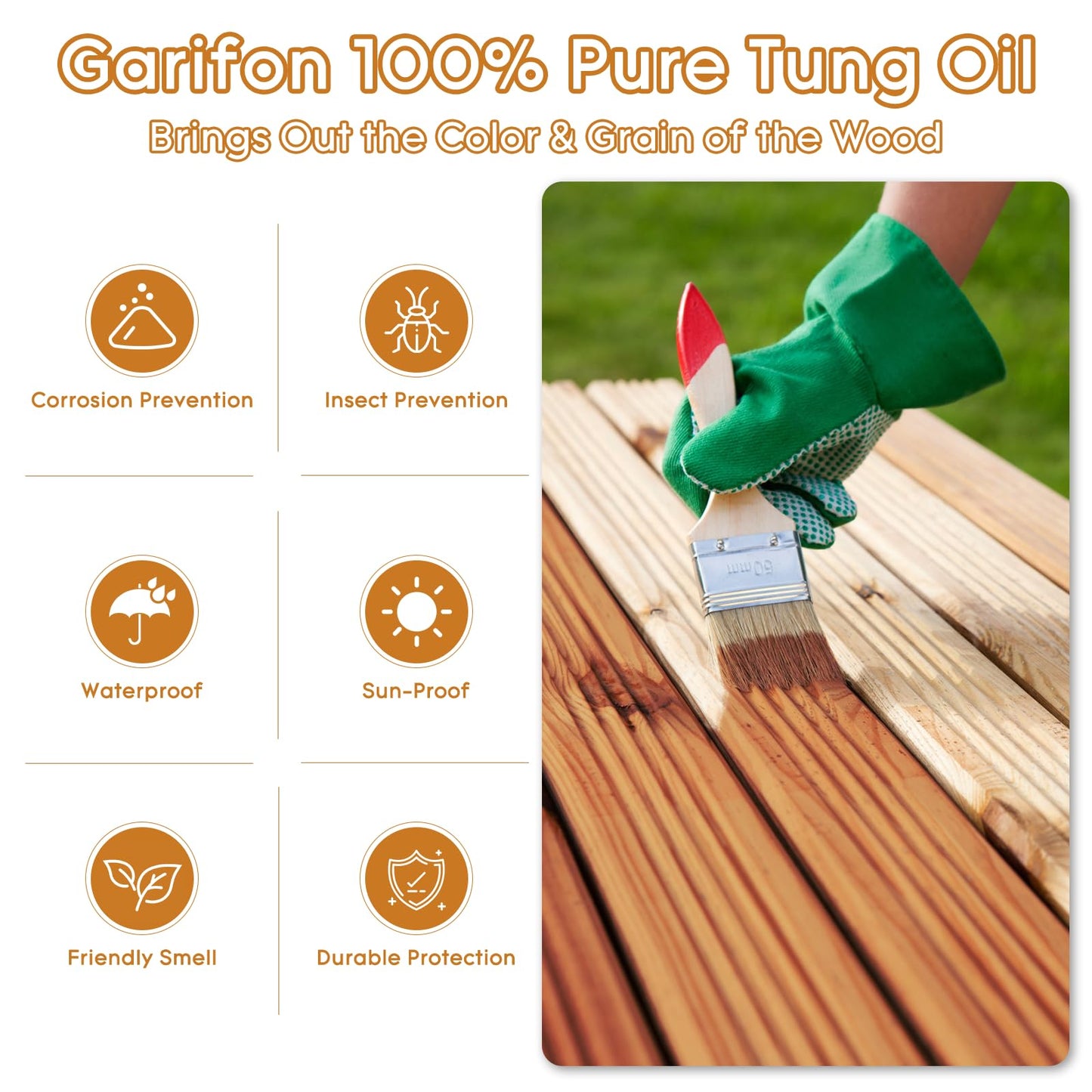 128 OZ Pure Tung Oil for Wood Outdoor/Indoor, Food Grade Sealer, 1 Gallon Tung Oil Finish, Waterproof Wood Oil for Furniture, Cutting Board, Teak, Floor — Food Safe, Indoor Use