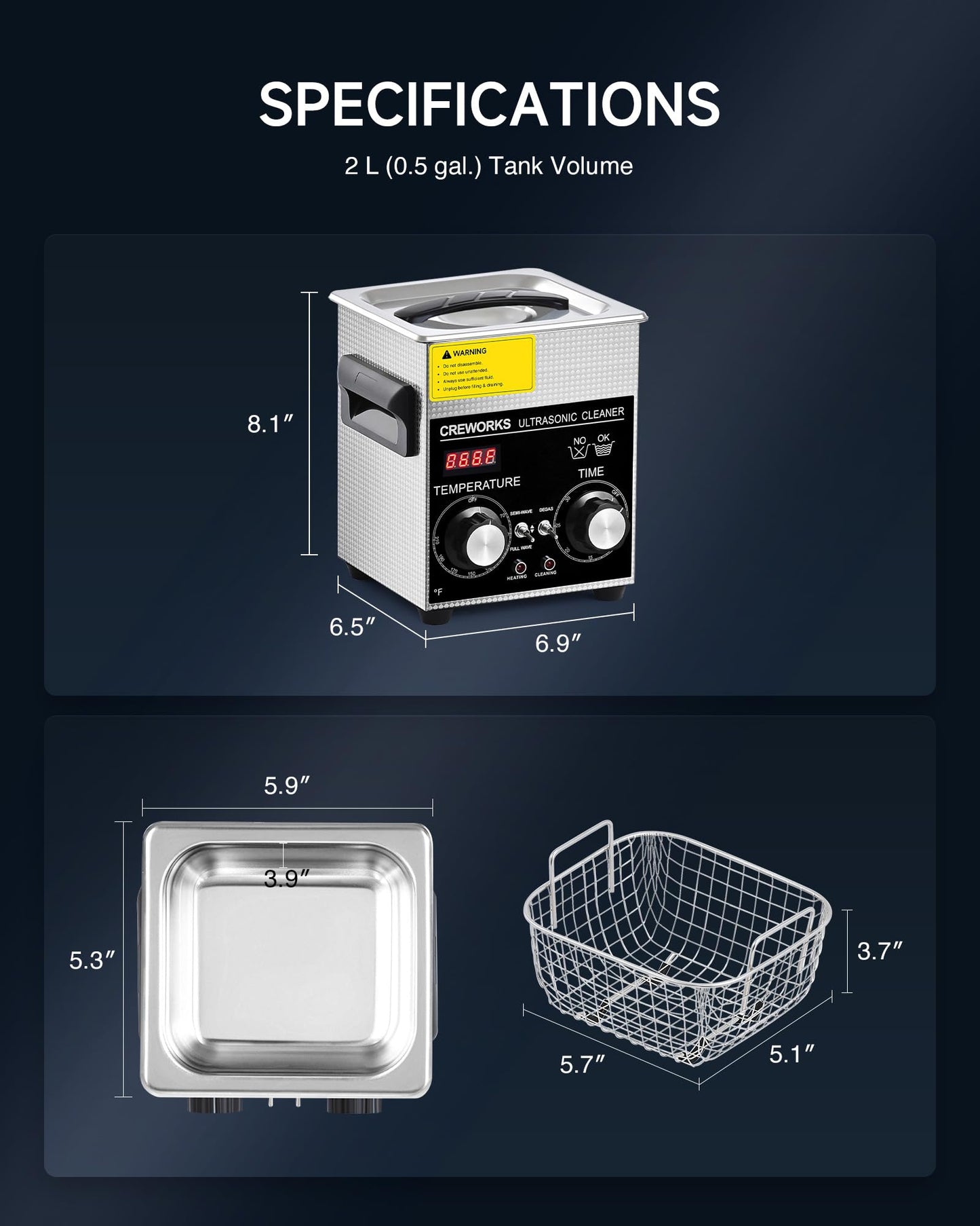 CREWORKS 2L Ultrasonic Cleaner with Degas & Gentle Modes, 60W Stainless Steel Ultrasonic Cleaner Machine with Heater and Timer, Ultrasonic Parts Cleaner with Knob Control for Jewelry Glasses Watch