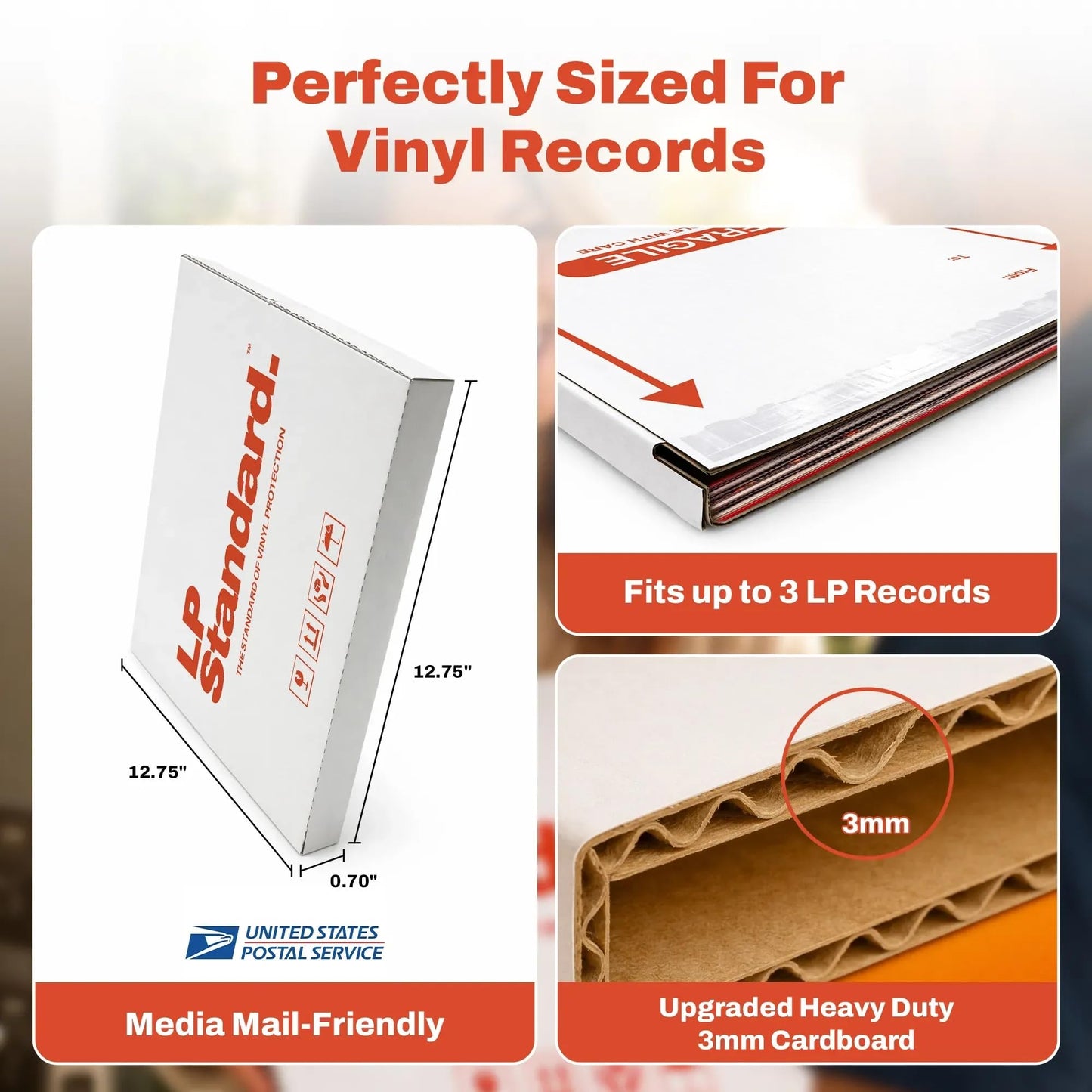 LP Standard (25 Pack) Heavy Duty Vinyl Record Mailers | For 12.5" X 12.5" x 1" Records | 3x Cardboard Thickness, Protective Warning Icons, and Professional Look | Durable Viny Records Shipping Boxes