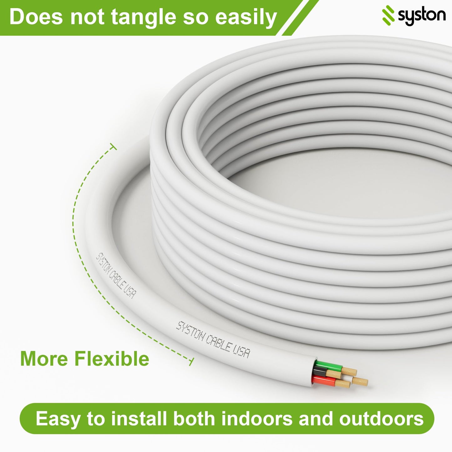 SYSTON 14/4 Speaker Audio Cable Wire Bulk, 14AWG 4C Strand OFC - Oxygen Free Copper Conductors, CMR Riser-Rated Indoor/Outdoor UV Resistant RoHS Compliant for Home Theater Car Speakers, White 100 FT