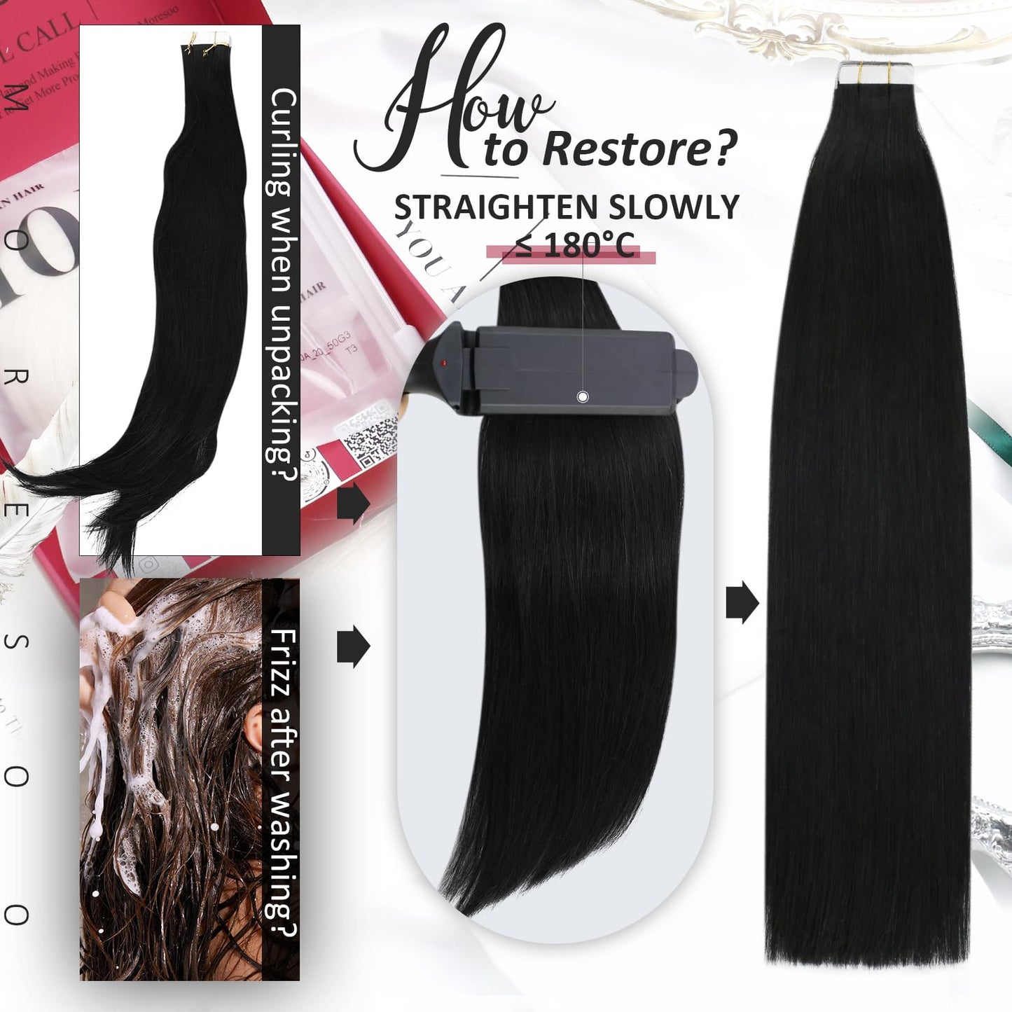 Moresoo Tape in Hair Extensions Human Hair 24 Inch 40Pcs Jet Black Hair Extensions Human Hair Tape in 100g Seamless Invisible Tape in Hair Extensions Human Hair #1
