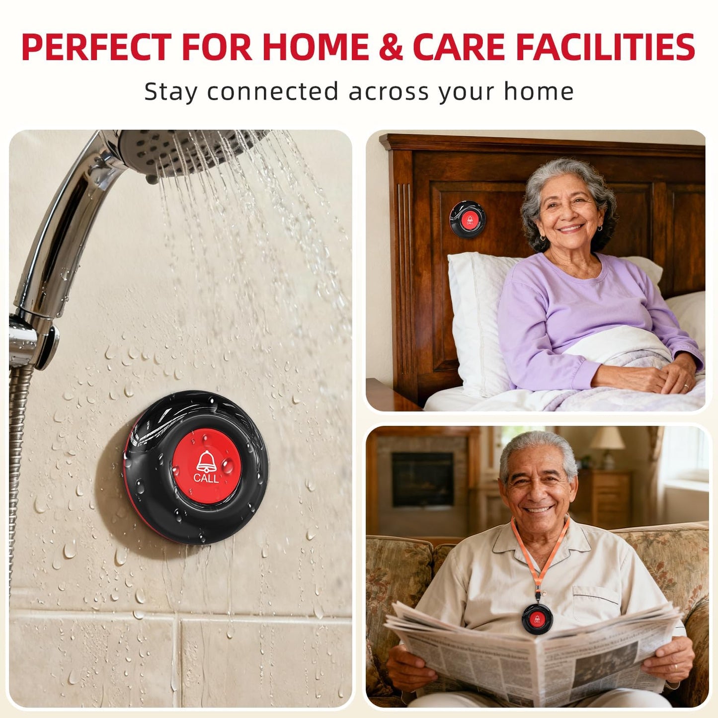 CallToU Caregiver Pager Wireless Call Button for Elderly at Home, 500+ ft Open Area Long Range Through Walls, 3 Plug-in Receivers and 2 Waterproof SOS Buttons, Home Nurse Call System