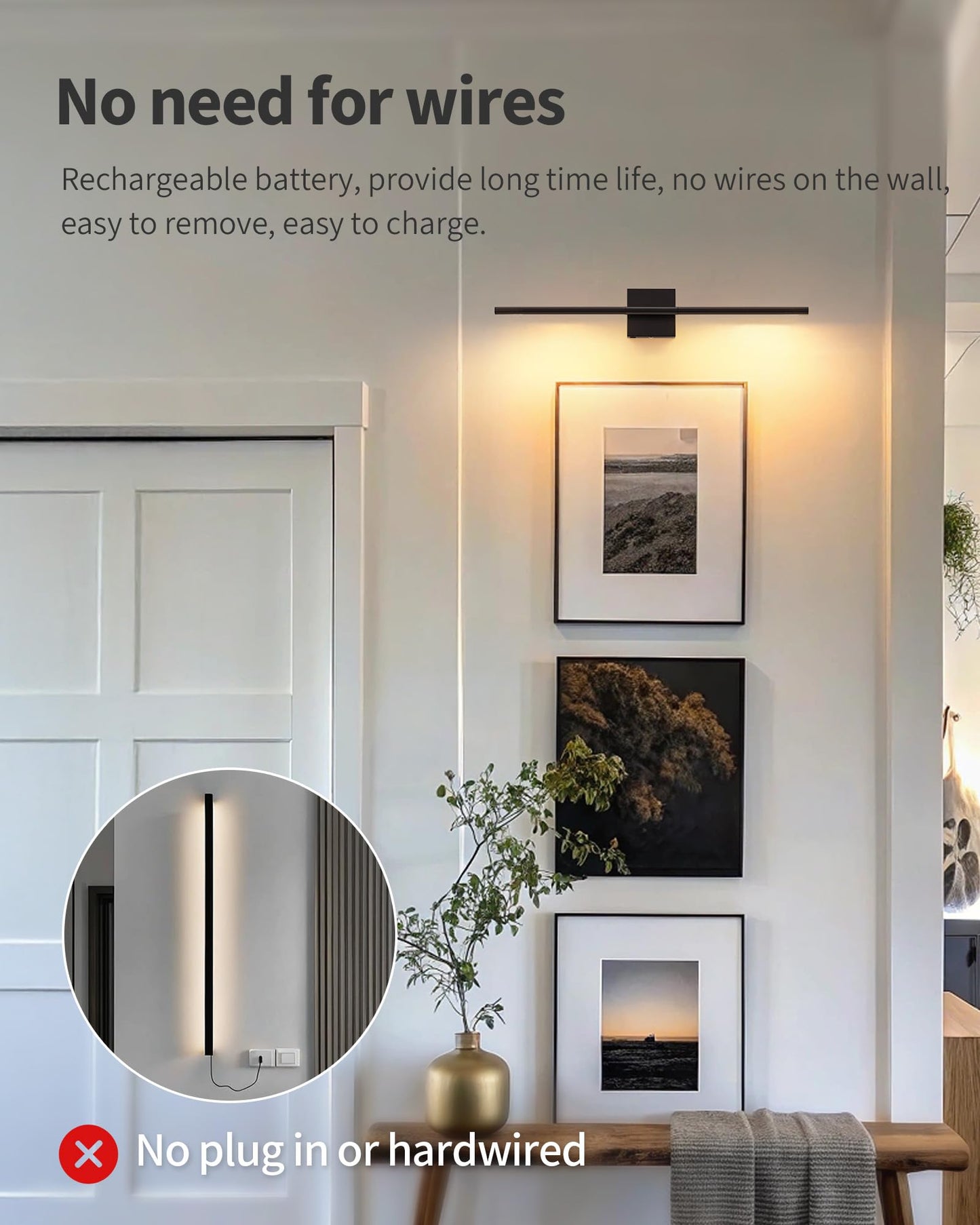 KDG Cordless Wall Sconces Set of 2, Wireless 5200mAh Rechargeable Battery Operated LED Wall Lamps with Remote, 360° Rotate Lightings for Wall Painting, Bedroom, Hallway, Night Light 23.6 inch (Black)