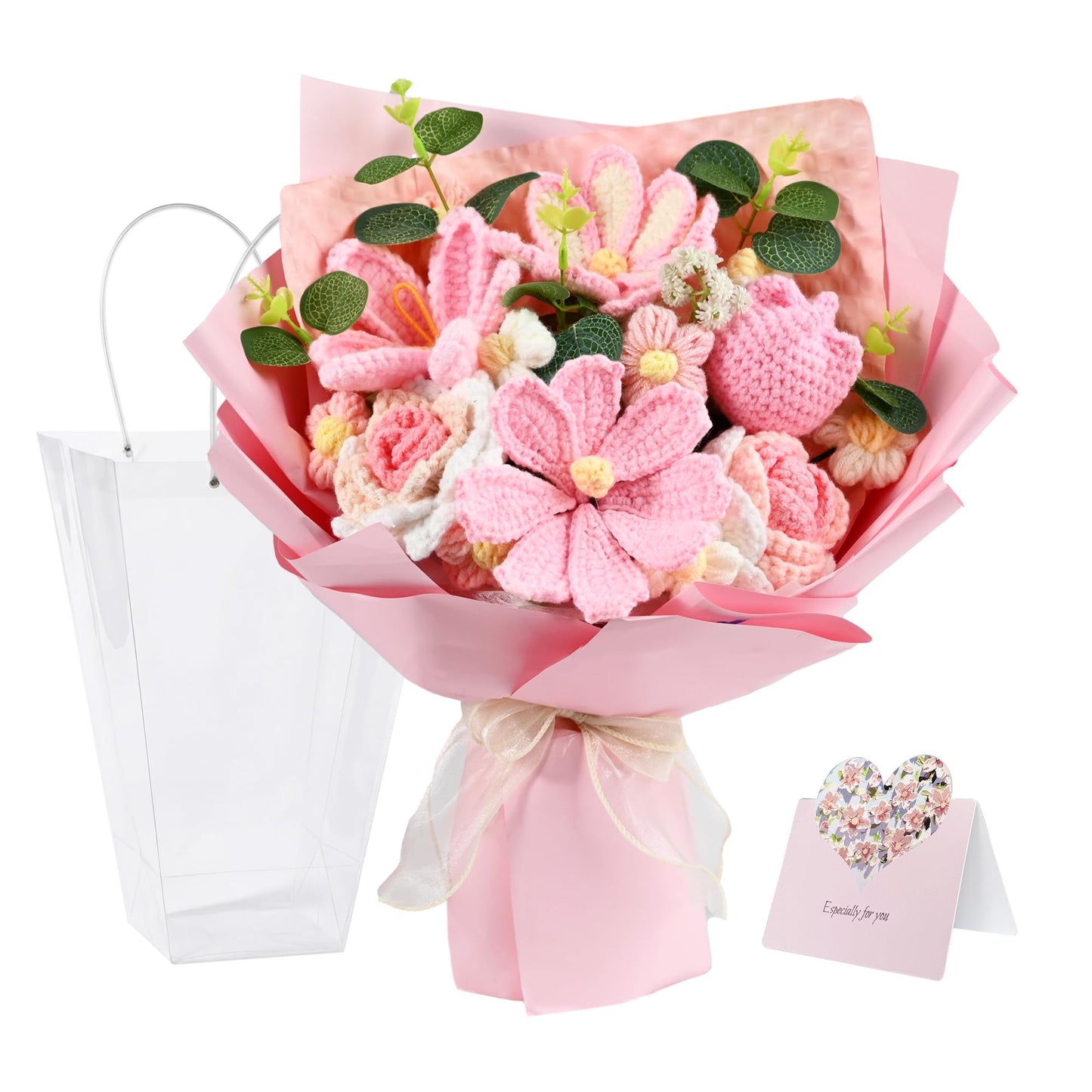 Plukers 18Pcs Handmade Crochet Flower Bouquet Knitted Yarn Flowers with Bag & Card, Artificial Rose Daisy, Birthday for Mom from Daughter and Husband Pink