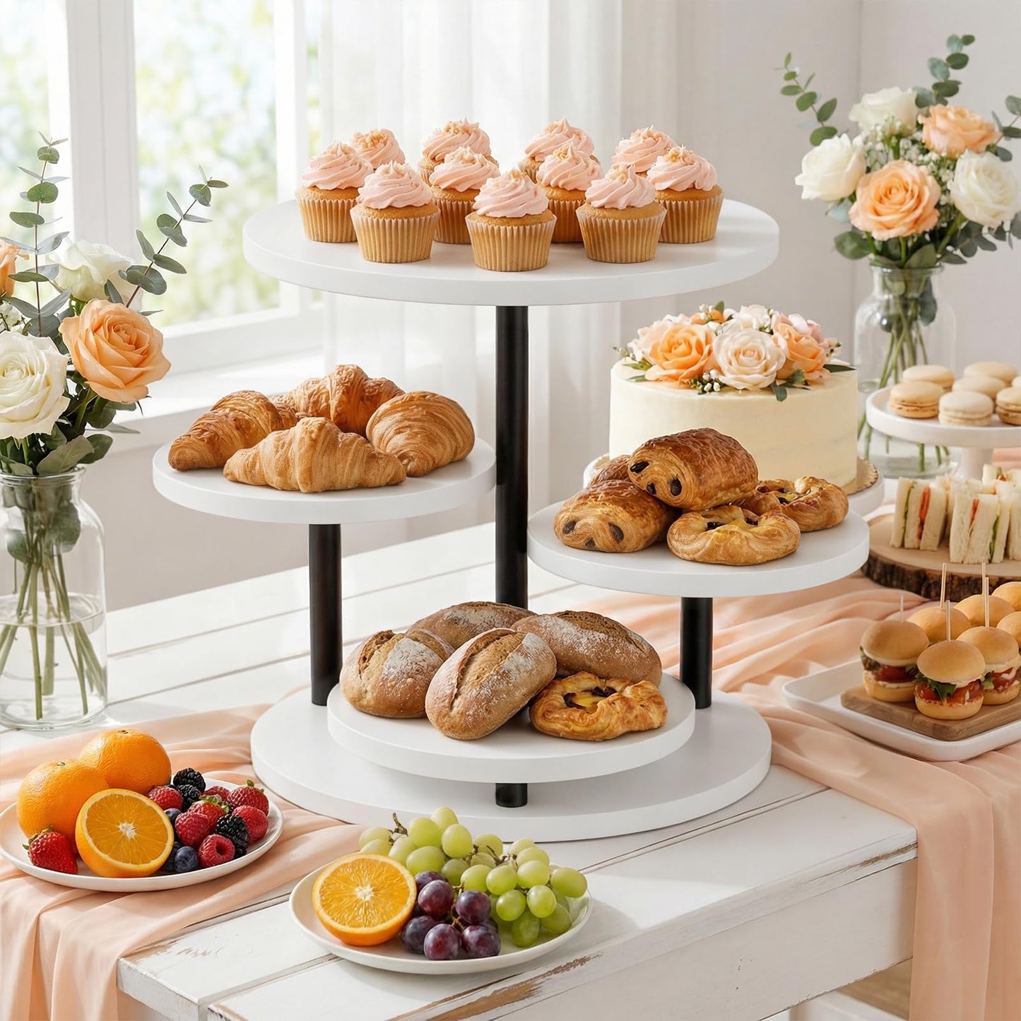 FZGhome Dessert Stands for 50 Cupcakes 360°Rotating Wood Cupcake Stands Wedding Cake Stand 4 Tiered Cookie Serving Trays for Party Birthday Baby shower Afternoon Tea Dessert Table, White