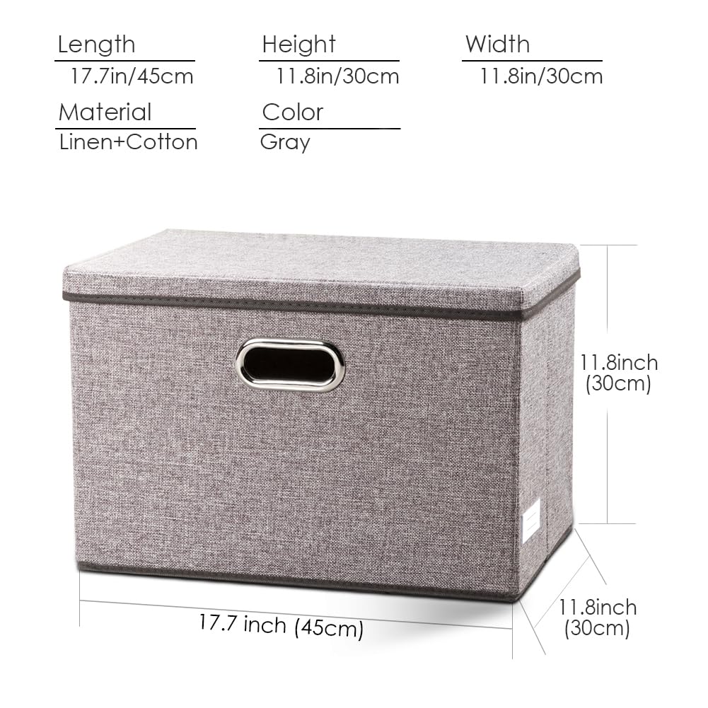 PRANDOM Large Collapsible Storage Bins with Lids [3-Pack] Linen Fabric Foldable Storage Boxes Organizer Containers Baskets Cube with Cover for Home Bedroom Closet Office Nursery (17.7x11.8x11.8)