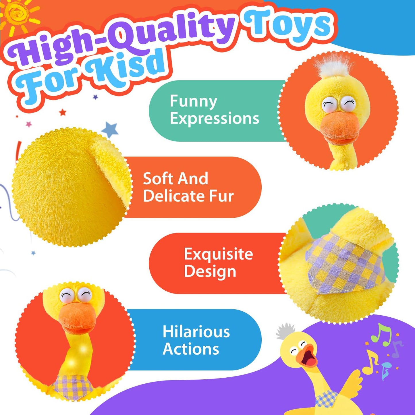 13" Talking Dancing Duck, Repeating What You Say Mimicking Recording Plush Baby Toy Musical English Songs Singing Talking Glowing Animated Twisting Gifts of Lighting Up Funny Toys for Boys Kids
