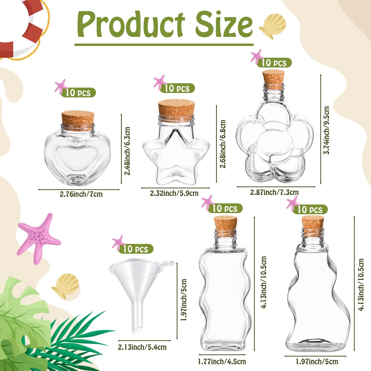 Shappy 50 Pcs Plastic Sand Art Bottles with Cork and Funnels Clear Sand Art Containers for Boys and Girls Craft Collection Bottle for DIY Crafts Wedding Birthday Party Favors Wish, 5 Style
