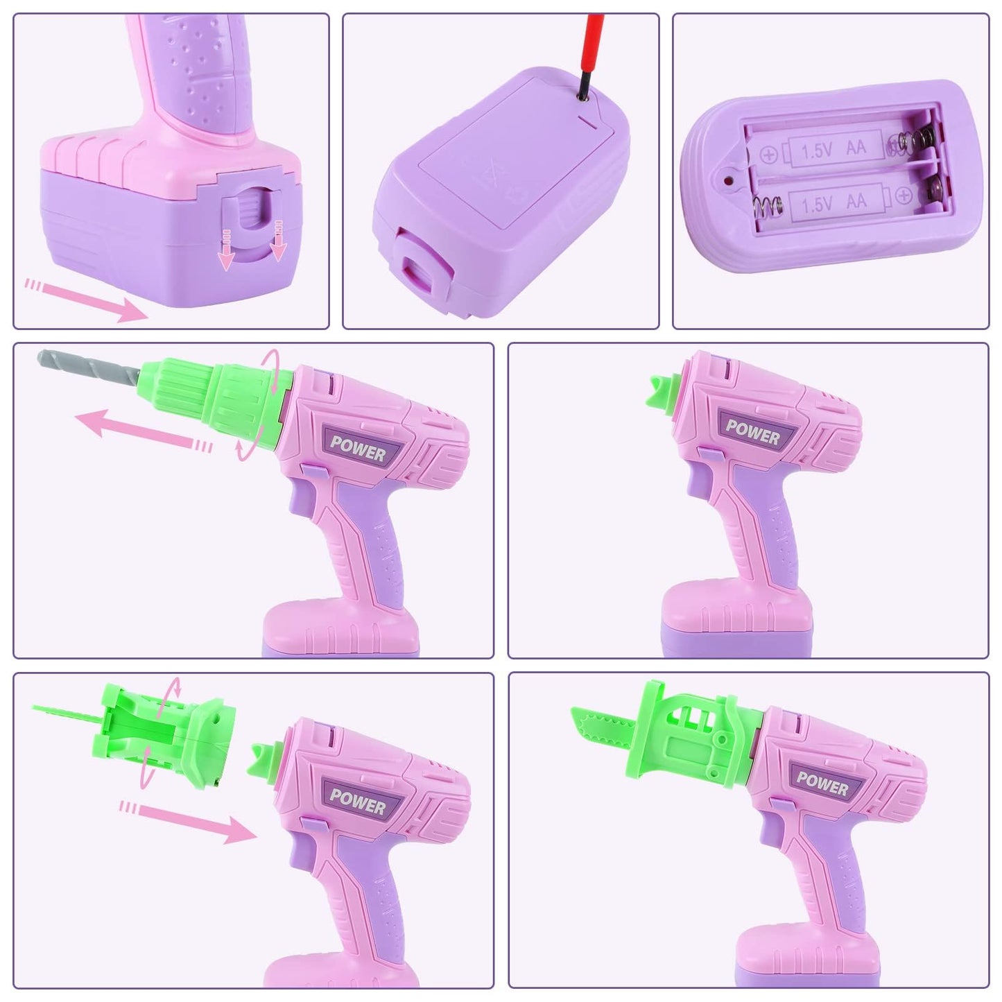 EP EXERCISE N PLAY 18 Pieces Kids Tool Set Pretend Play Construction Tool Accessories with a Tool Box Including Toy Electric Drill (Pink+), Medium, OYG606-3