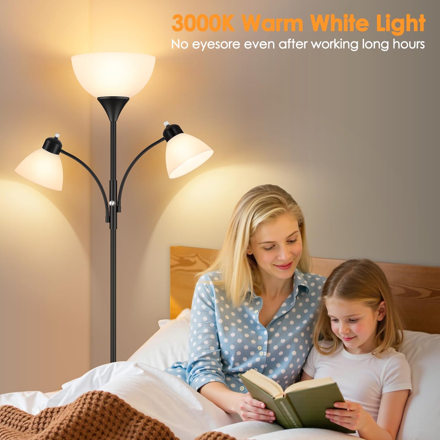 Coucrek Torchiere Floor Lamps for Living Room,72" Dimmable Lamp with 2 Adjustable Reading Lights for Bedroom, Black Tall Standing Room Lamp, 3 Bulbs Included
