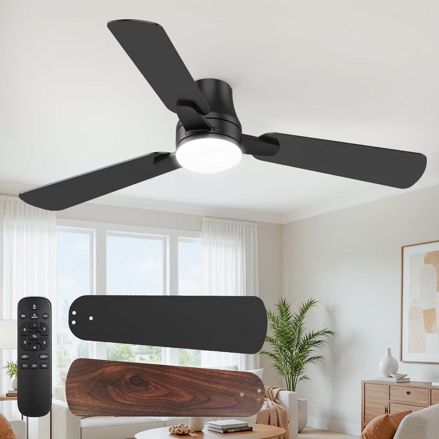 OSTIVE Ceiling Fans with Lights and Remote: 42 Inch Modern Black Ceiling Fan, Low Profile Flush Mount, Quiet Reversible DC Motor & 3CCT Dimmable LED for Bedroom Living Room Kitchen Indoor Outdoor