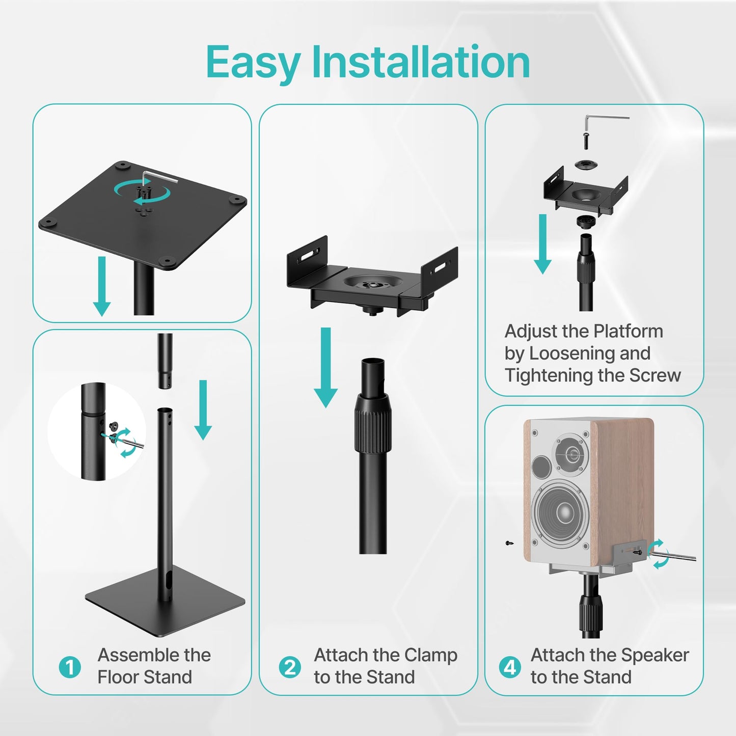 Pegzone Height-Adjustable Speaker Stands Pair,11LBS Capacity,Height Adjustable from 33.4" to 44.0",Surround Sound Speaker Stands,Cable Management,Black,1 Pair