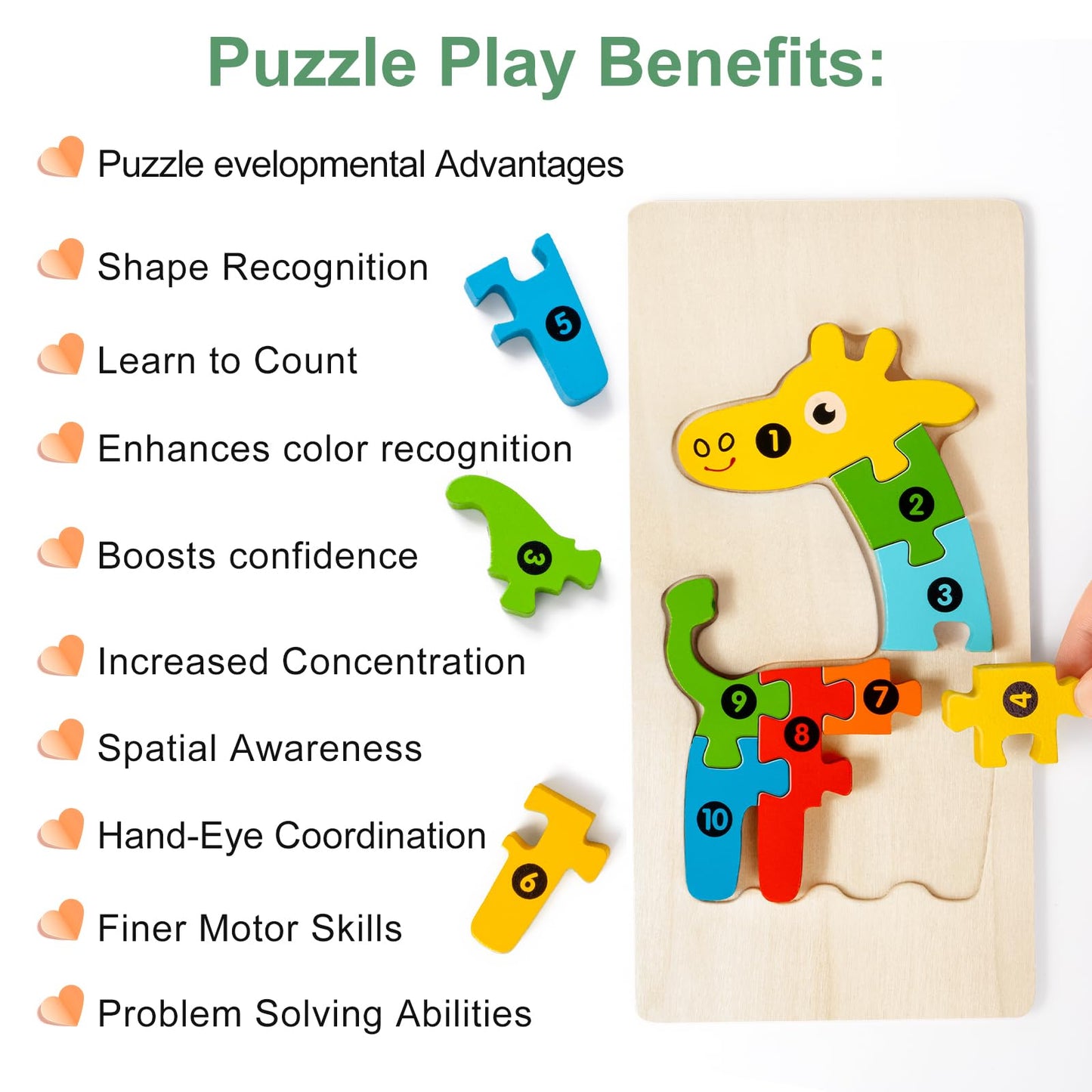 9 Pack, Wooden Puzzles for Kids, Toddler Number Puzzle, Animal Dinosaur Toddler Toys, Montessori Toys for Kids Ages 3+