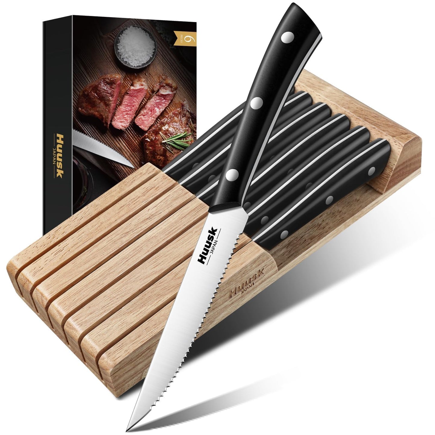 Huusk Steak Knives Set of 6 with Block, Sharp Serrated Steak Knives with Full Tang Handle, Japanese Stainless Steel Stake Knife Set with Drawer Organizer for Kitchen Dinner Table, Gifts for Men Women